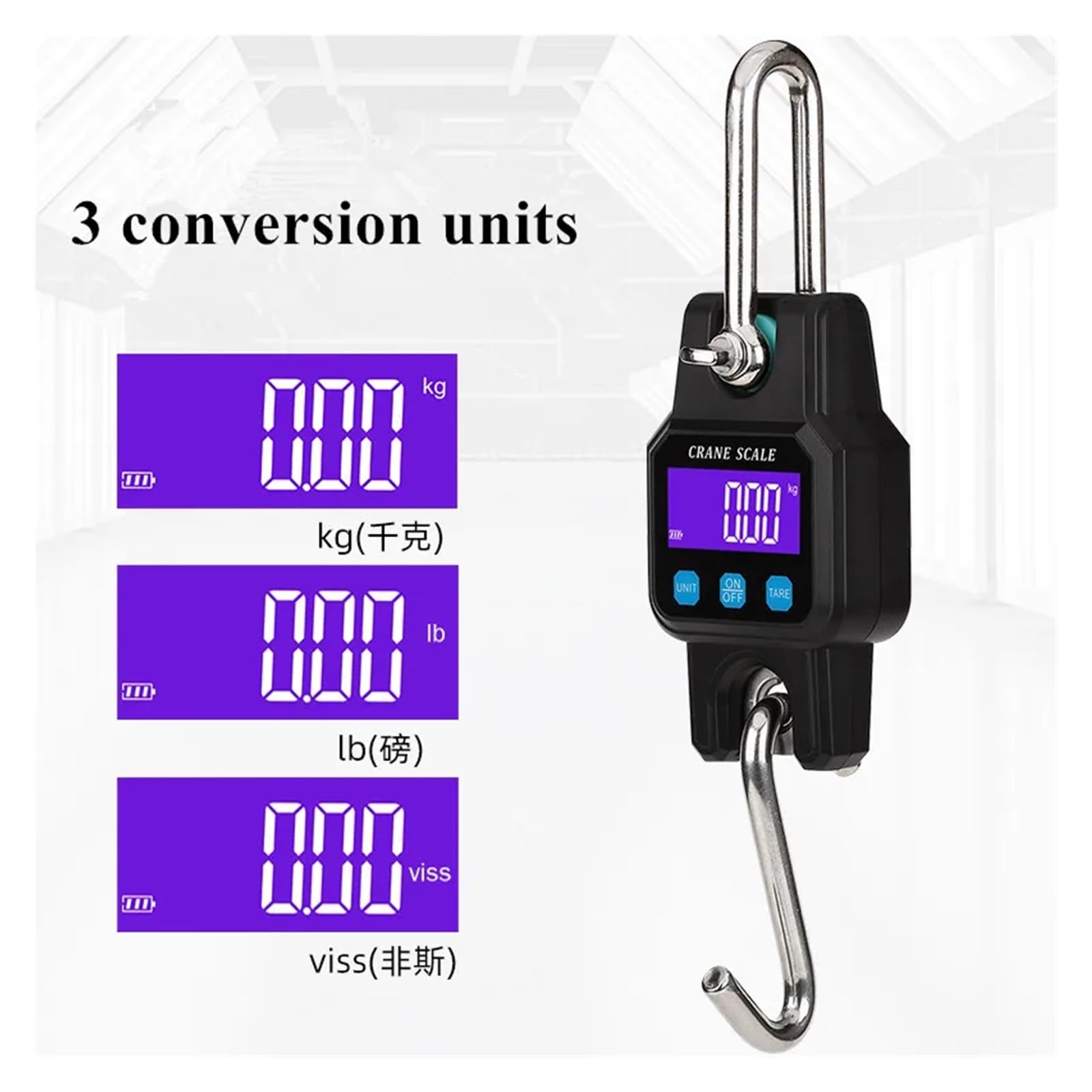 Bilancia sospesa Bluetooth 300 kg/50 g digitale ricaricabile gancio sospeso acciaio inossidabile