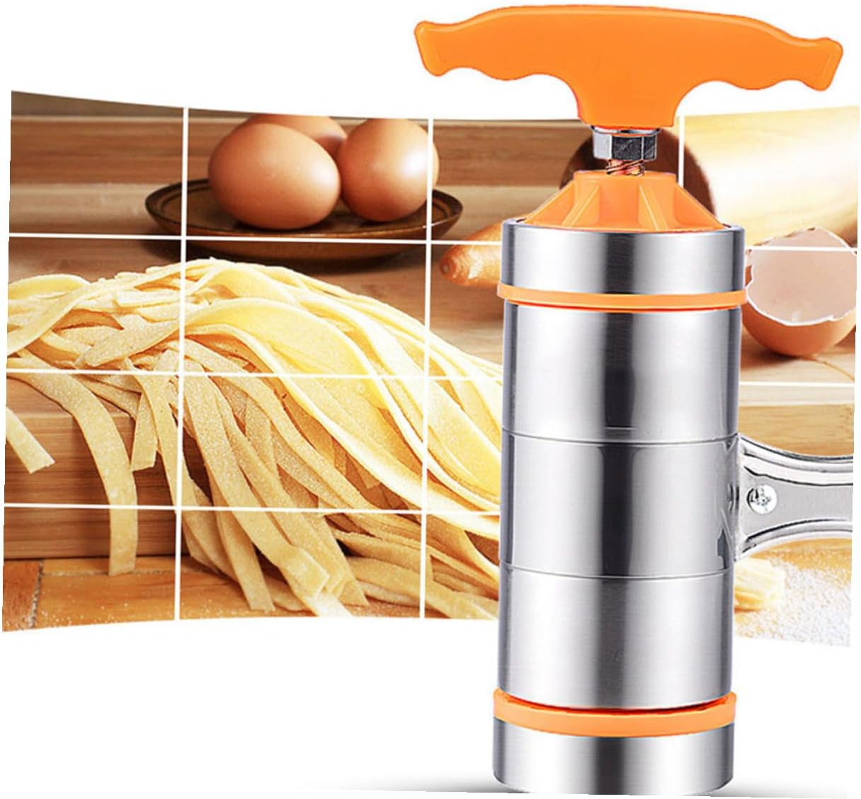 Manual Stainless Steel Noodle Maker Kitchen Noodle Press Machine with 5 Orange Molds for Household Pasta Making