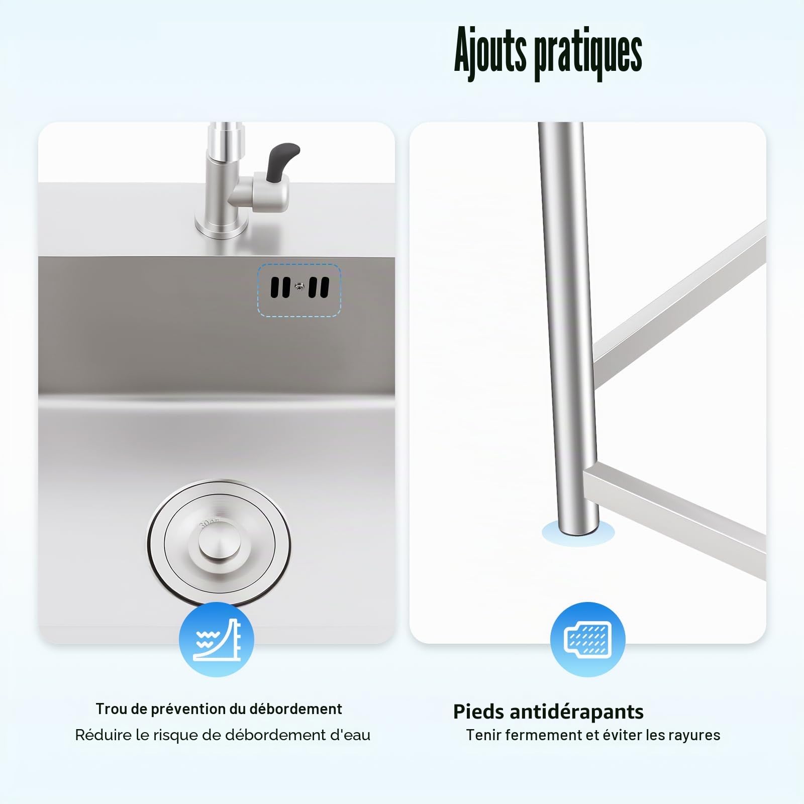 Évier de cuisine en acier inoxydable Évier autonome, évier de cuisine en acier inoxydable avec robinet 360° Évier commercial, évier extérieur avec 1 bac, 45 x 41 x 75 cm, capacité de charge