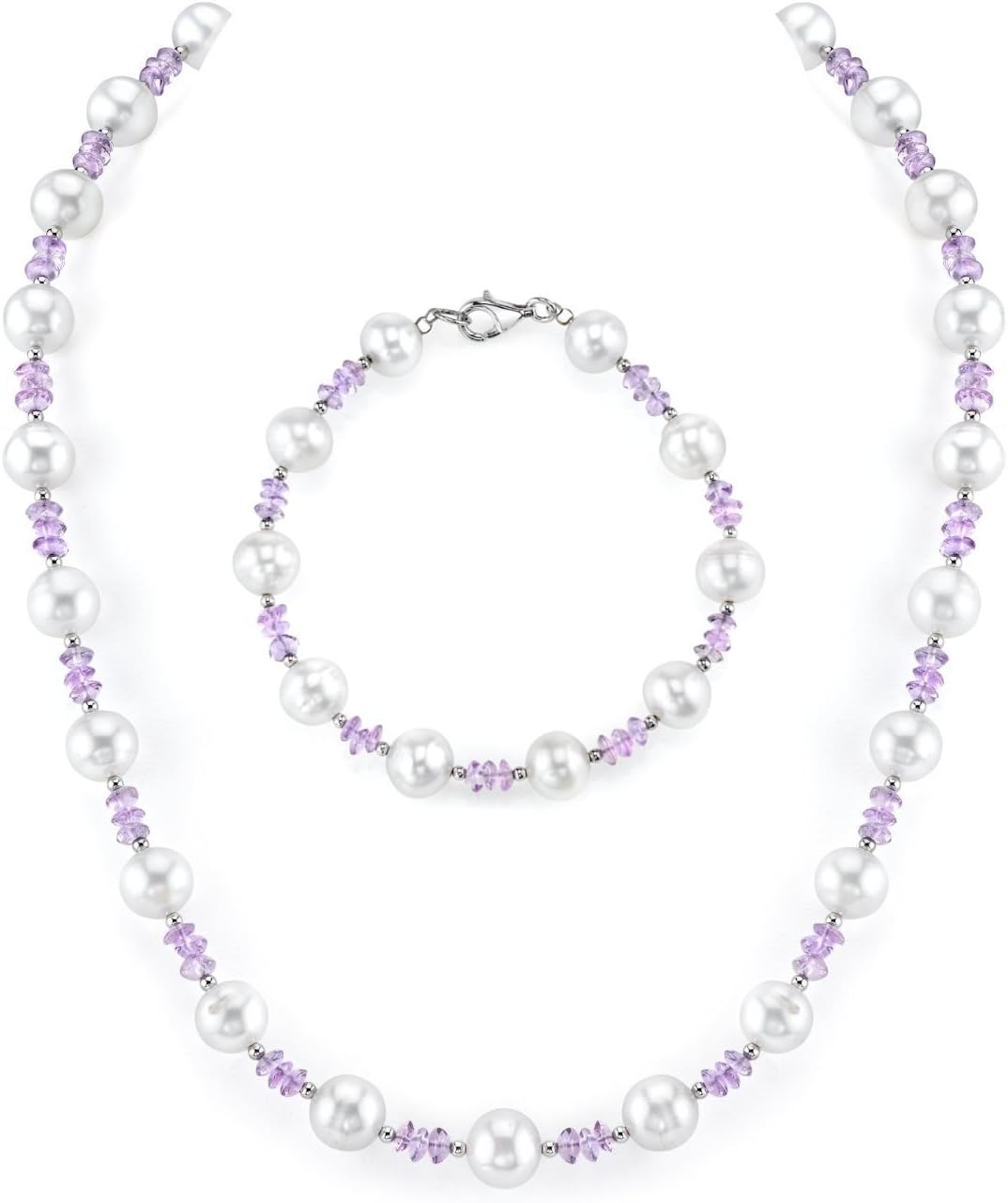 8mm White Freshwater Cultured Pearl & Amethyst Necklace & Bracelet