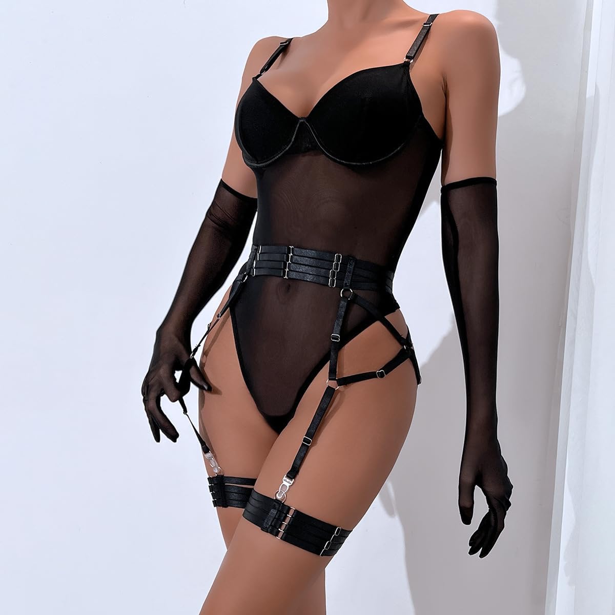 Women's See Through Mesh Teddy Bodysuit Underwire Lingerie Garter Belt Set 3 Piece with Gloves