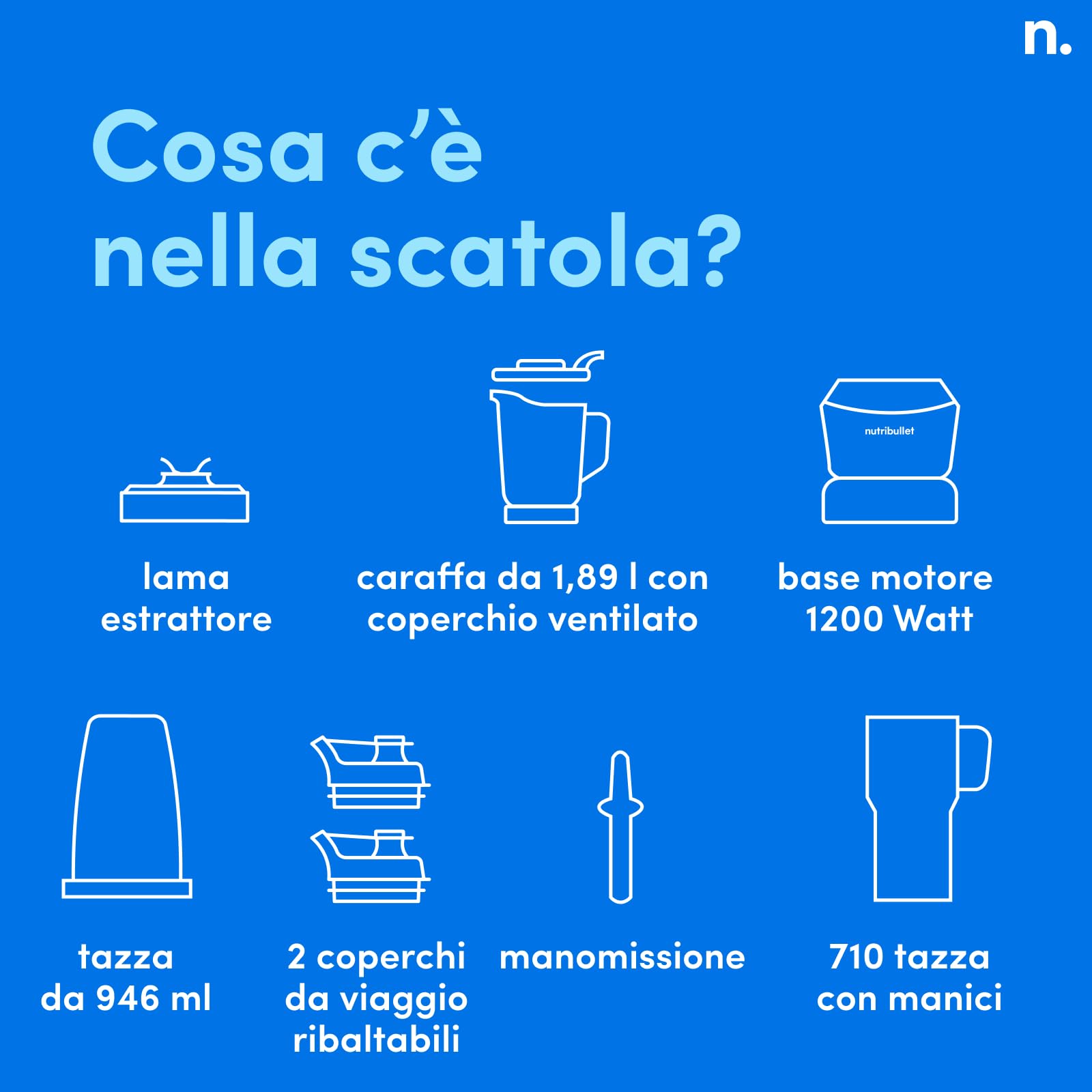 nutribullet Full Size Blender Combo, Frullatore Elettrico, Tritatutto Multifunzione, Professionale, Con Tre Bicchieri di cui uno da 1,8 L Senza BPA, Potenza 1200 Watt, NBF500MB