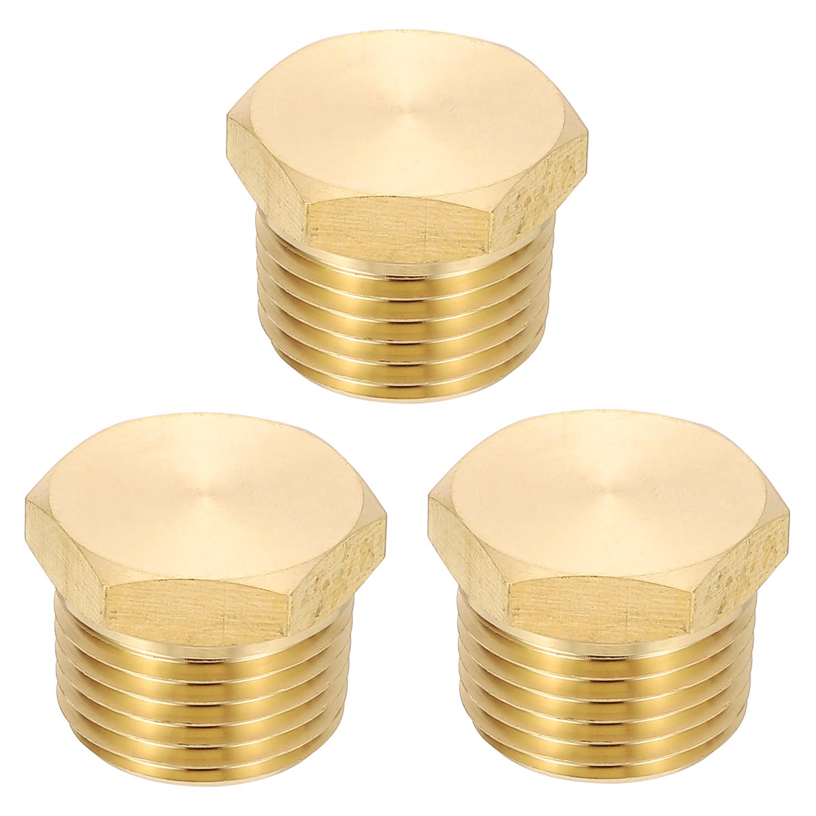 Tapón macho de latón NPT 1/2 con cabeza hexagonal externa en pack de 3 piezas para tuberías
