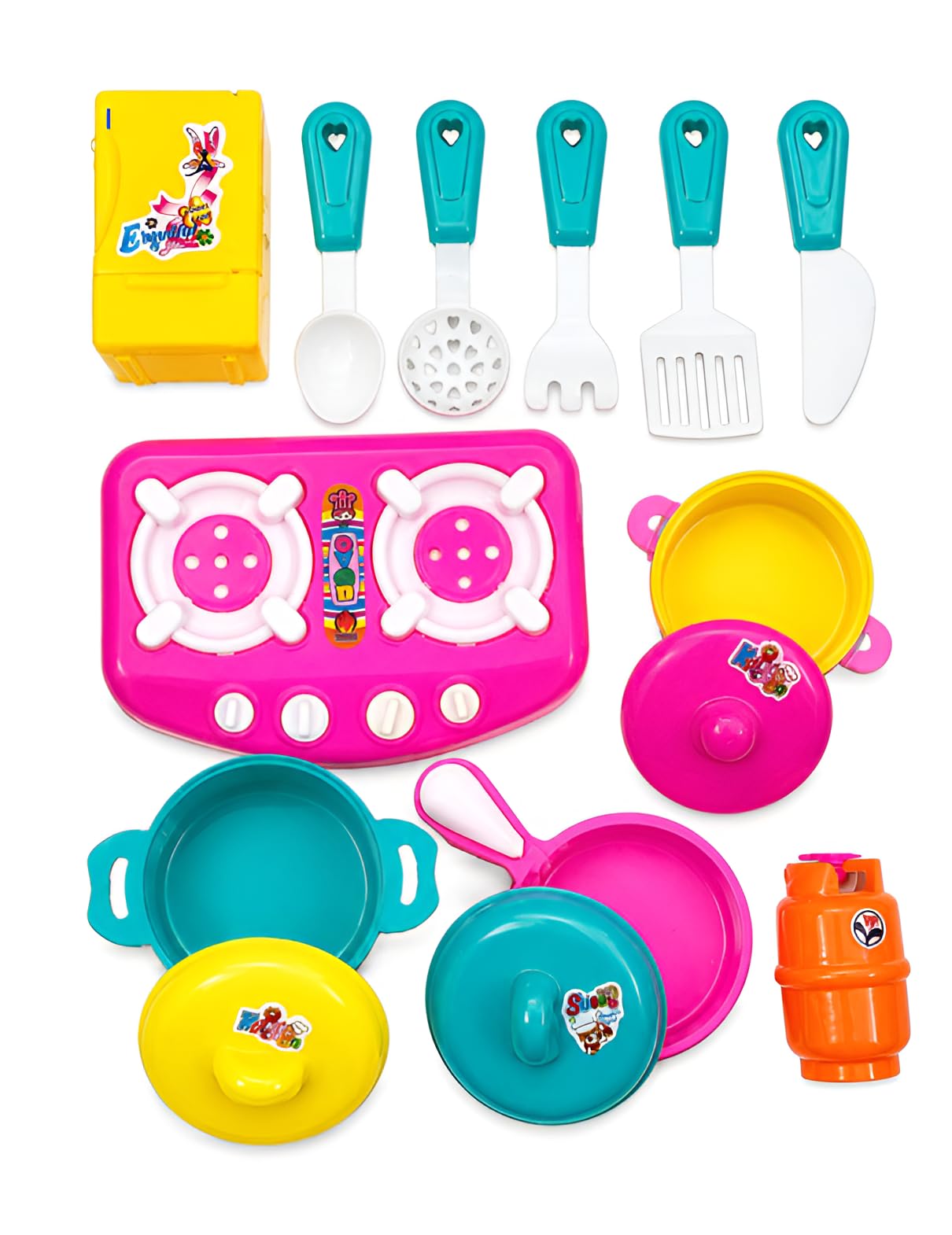 Kids Kitchen Play Set, 14 Pieces of Cooking Toys with Utensils 3 Sets of coockware, 5 Pieces of Spoon, 1 Fridge, 1 Gas and Stove Fun Loving Gift for Every Toddler 3+ Above with Stunning Colours.-image-17