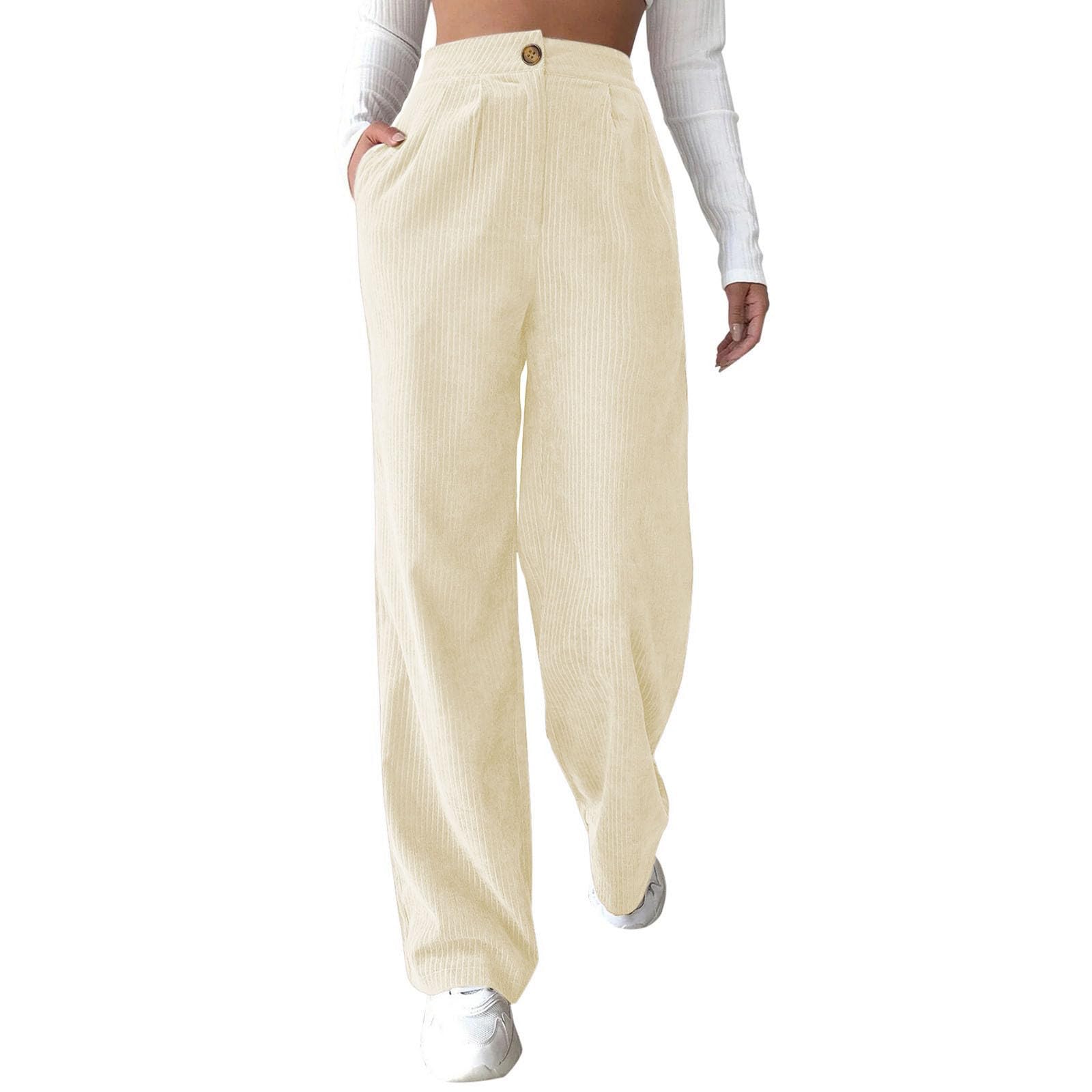 CheChury - Pantalon Décontracté Femme En Velours Côtelé, Taille Haute, élastiqué, Avec Poche Zippée - Automne - 2