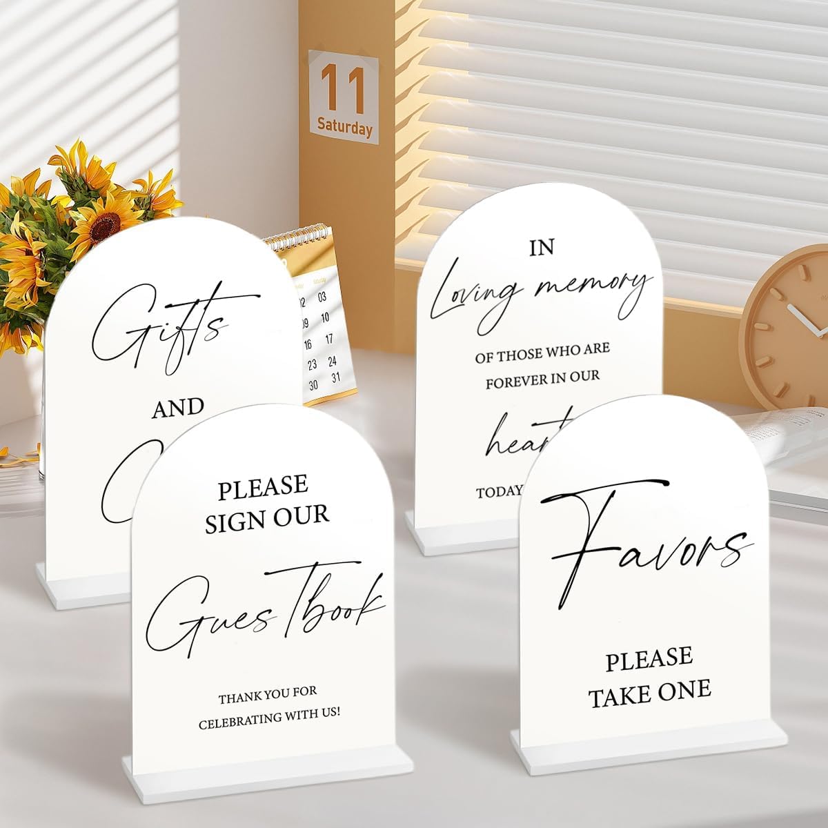 Acrylic Cards and Gifts Sign with Stand, 5x7 inch Black Arched Wedding Table Signs and Base, 1/8" Thick Arch TableTop for Wedding Reception & Event Party Table (White, All 4pcs)