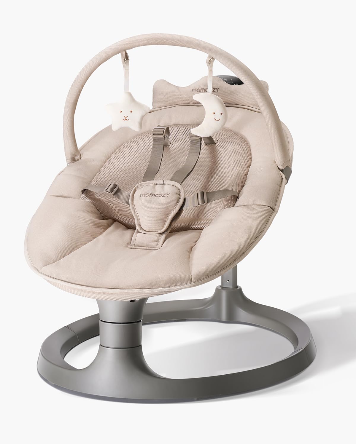 Momcozy Sdraietta Neonati Elettrica 2 in 1, 4 Velocità, Cachi | Convertibile in seggiolino fino a 30 kg, cintura a 5 punti, tessuto a rete, 8 melodie e rivestimento lavabile