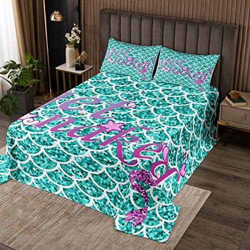 Colcha acolchada de escamas de sirena con escamas de pescado, color verde, colcha acolchada para niños, niñas, adolescentes, juego de colcha de sirena, transpirable, con purpurina, acolchado, tamaño