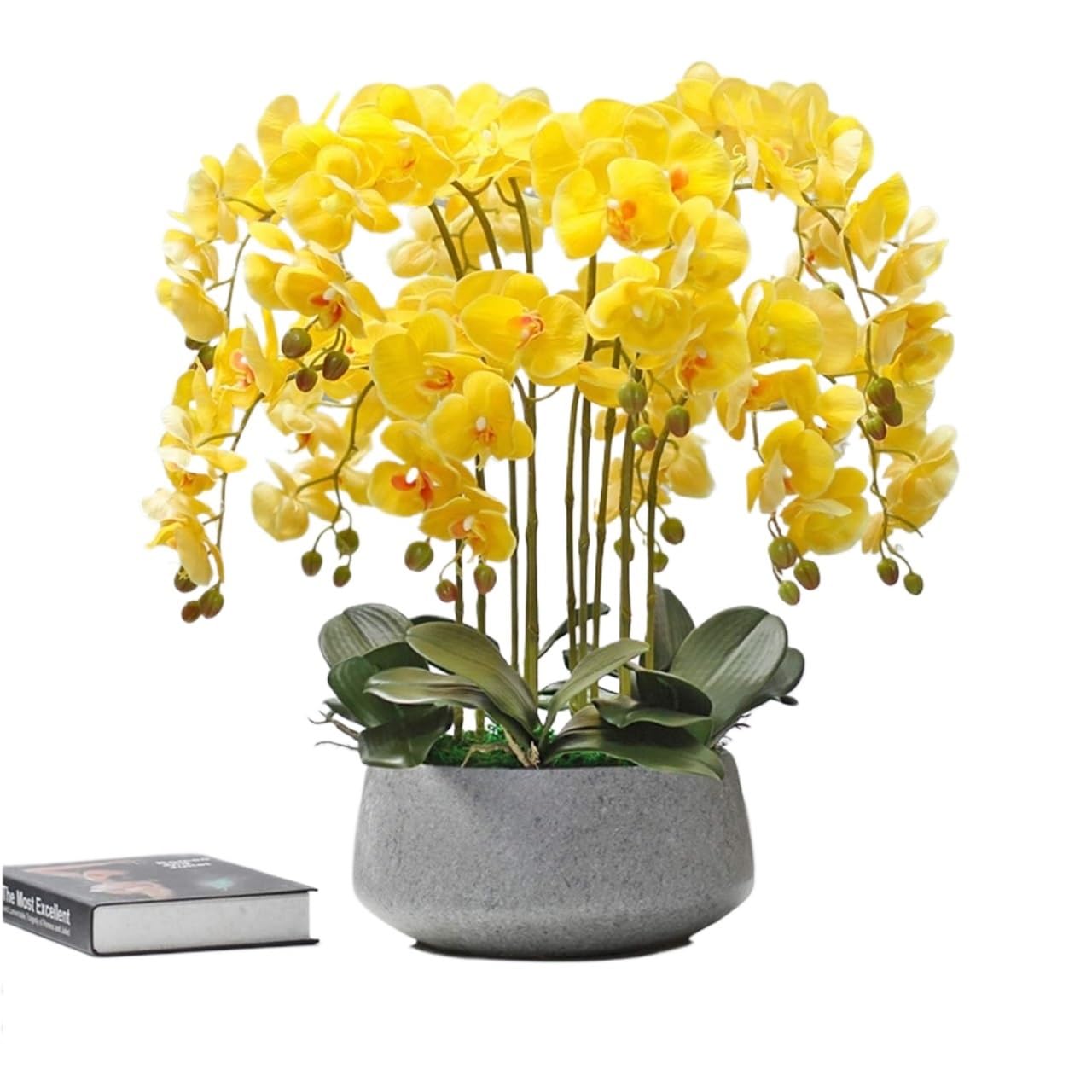 IUokLU Artificial Orchid Flowers,Artificial Orchid Artificial Flowers,Artificial Orchids - 12 Branches Faux Flowers Large Tabletop Centerpieces Realistic Touch Orchids Bonsai Arrangement for Yellow