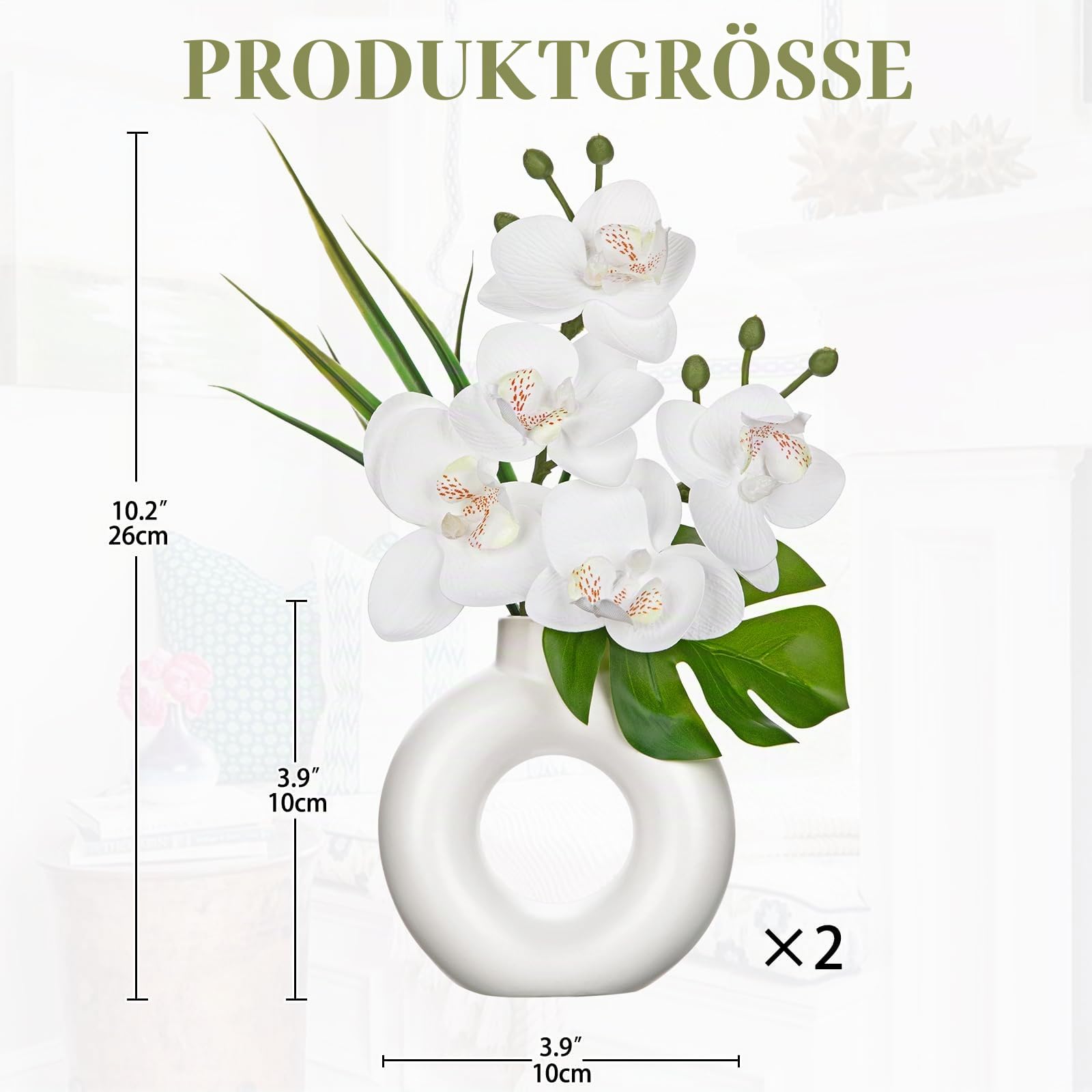 2er-Set Mini Kunstpflanze Orchideen Kunstblumen mit Keramik Donut Vase Künstliche Deko Blumen Kunstblumen Wie Echt Mit Real-Touch Blüten im Keramiktopf Tischdeko Fensterbank Deko, Weiß