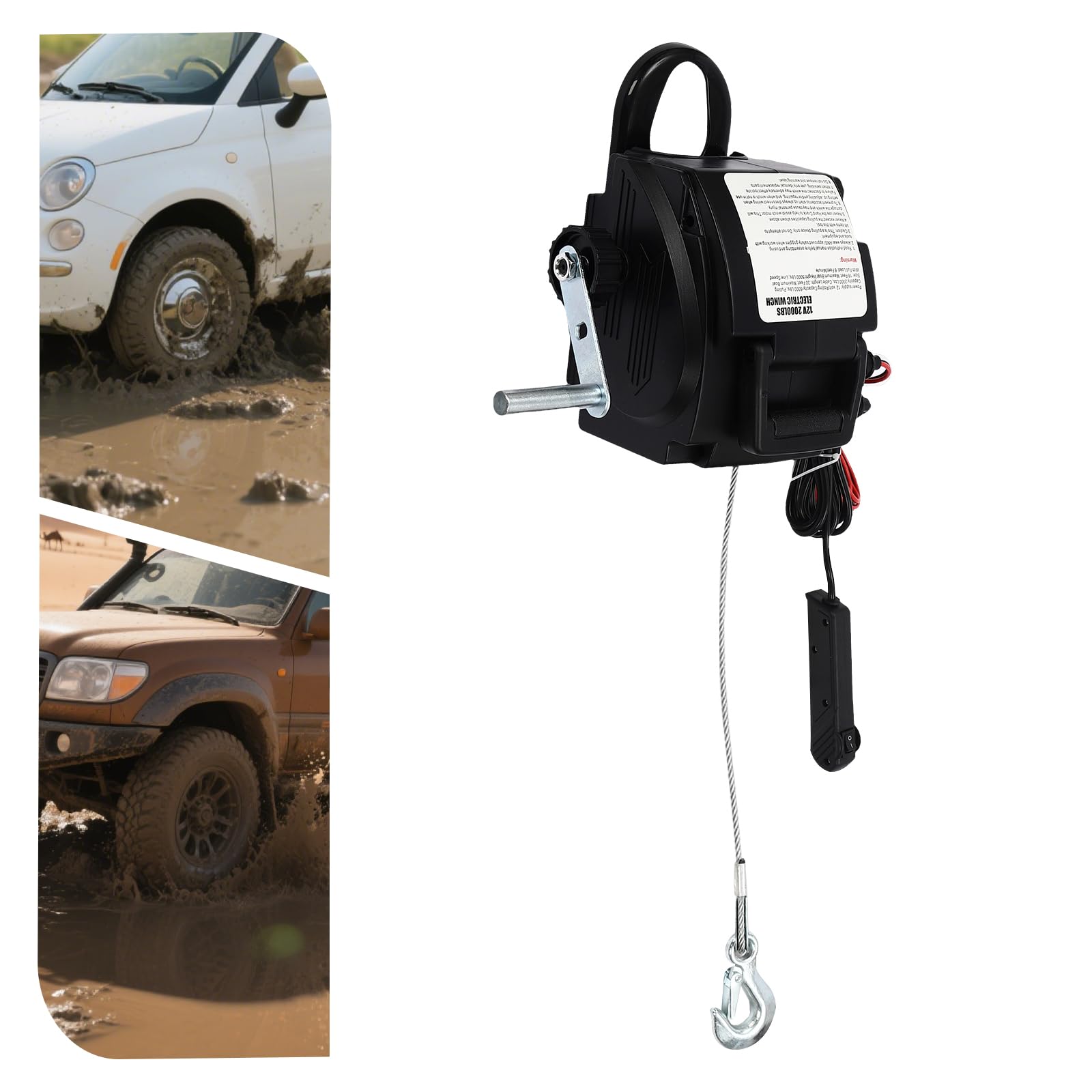 Cabrestante eléctrico de 12 V, capacidad de carga de 2721 kg/6000 libras, potente motor de corriente continua de 300 W, cable de acero de 3 m, control por cable/manual, para coches, remolques