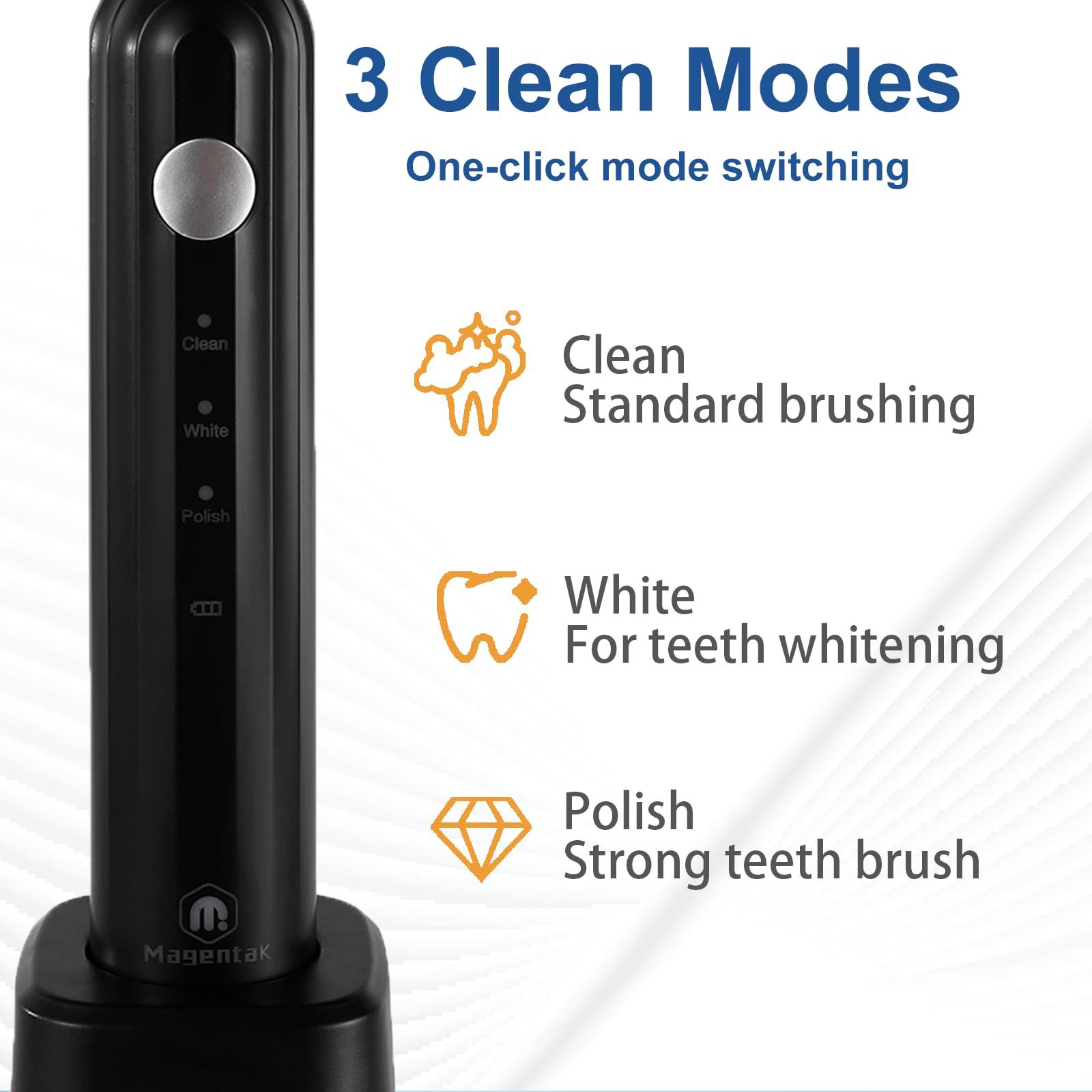 Spazzolino da denti a forma di U ad ultrasuoni per adulti, spazzolino elettrico per pulizia a 360 gradi con ricarica wireless, impermeabile IPX7, 3 modalità per sbiancamento dei denti (bianco