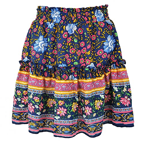 Women's Fashion Casual Pleated Bohemia Flared Flower Skirt Navy Blue for Valentine's Day