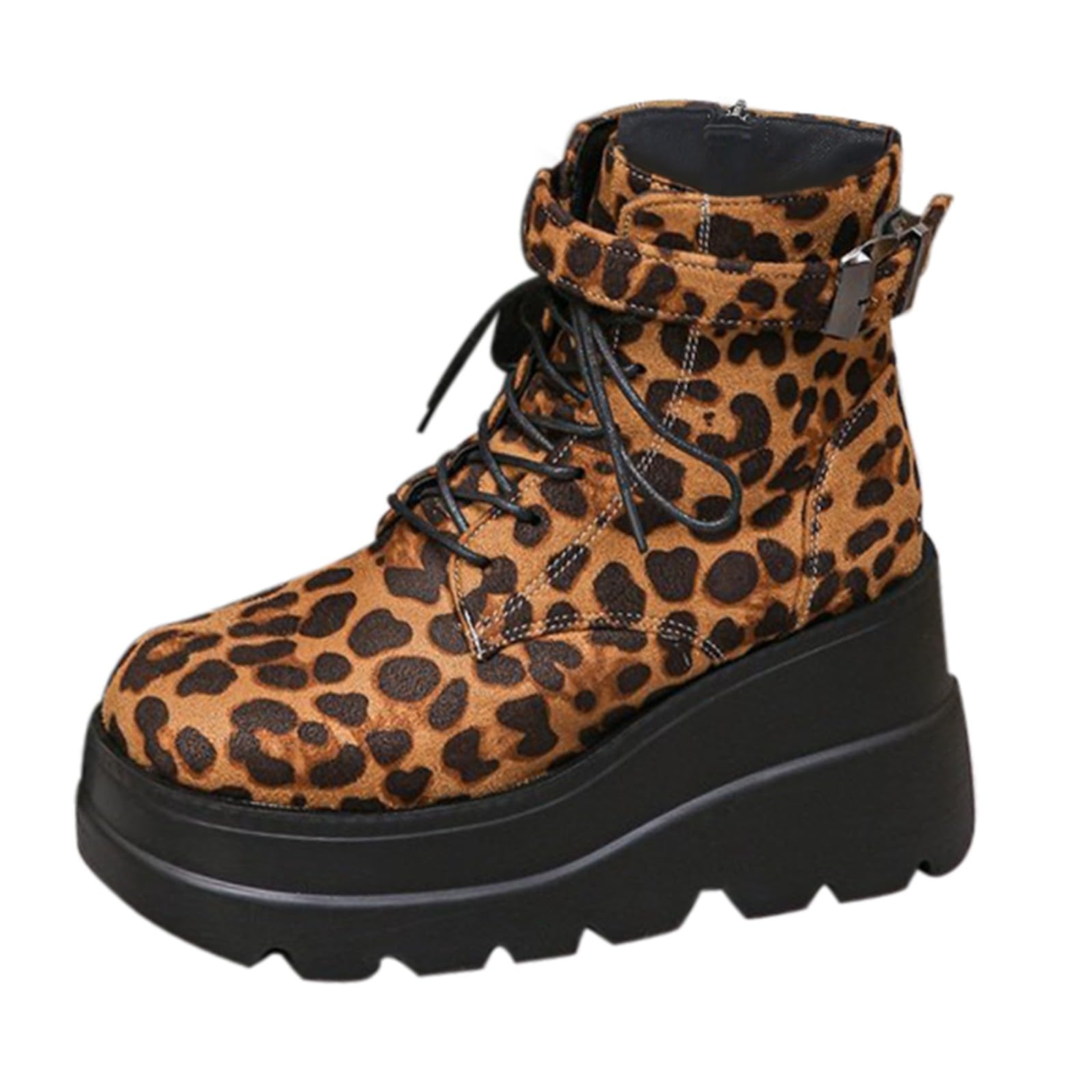 Botas de tobillo para mujer, para primavera, otoño e invierno, puntera redonda, estampado de leopardo grueso, a la moda, con cremallera lateral, para motocicleta, talla grande, informales, color