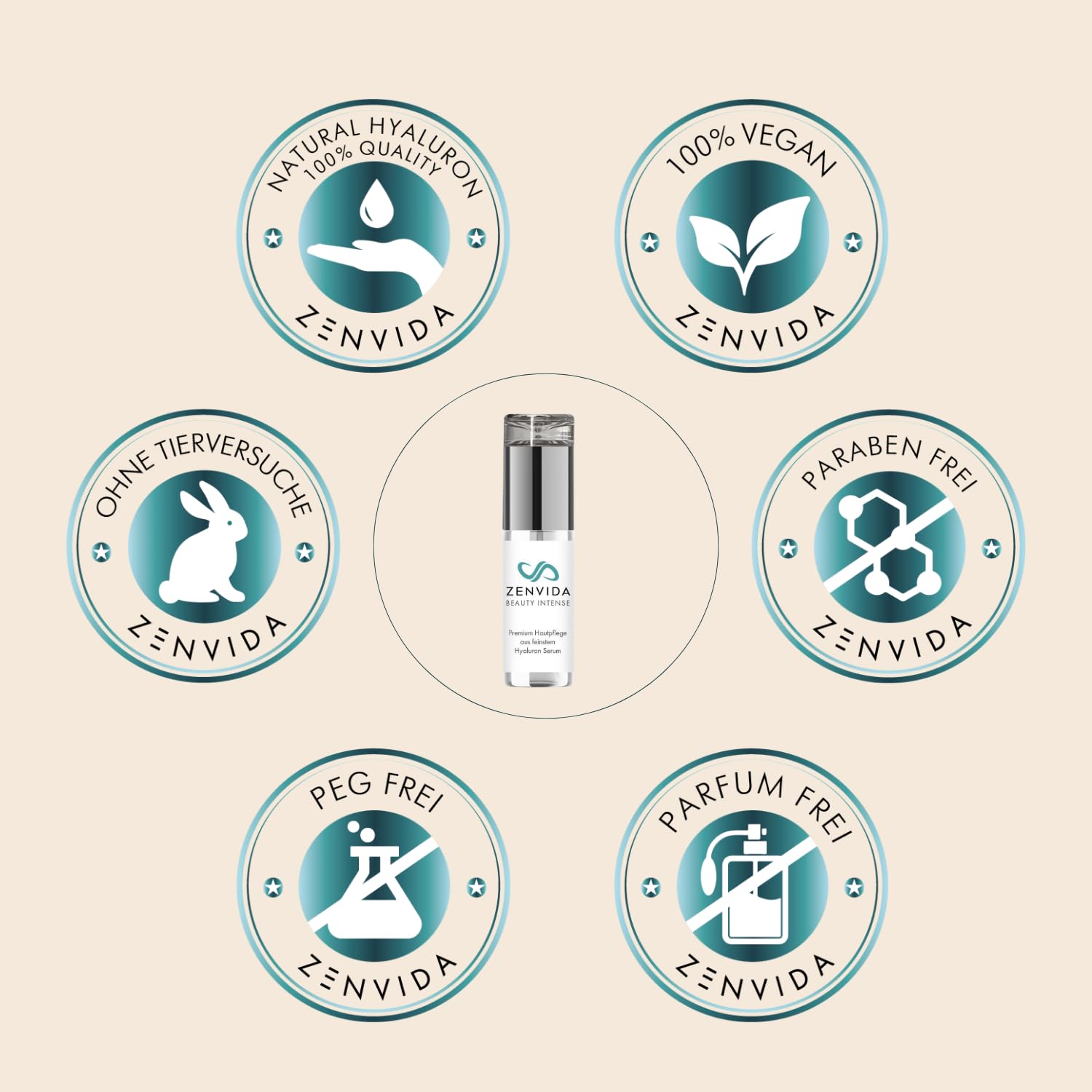 BEAUTY INTENSE Hyaluron Serum 50ml, Anti-Aging Elixier mit Zink, MSM & Silber, multimolekulare Feuchtigkeitspflege, vegan, made in Germany für sensible & reife Haut