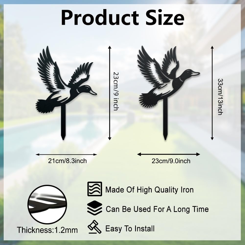 WADORN 2Pcs Duck Metal Decorative Garden Stakes, Funny Flying Wild Duck Metal Silhouette Statues Animal Garden Ornament Gifts Black Yard Art Decoration for Outdoor Backyard Patio Lawn Holiday Party