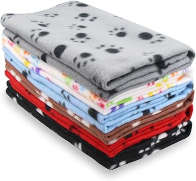 EAGMAK Cute Dog Cat Fleece Blankets with Paw Prints for Kitten Puppy and Small Animals Pack of 6 Black, Brown, Blue, Grey, red and White