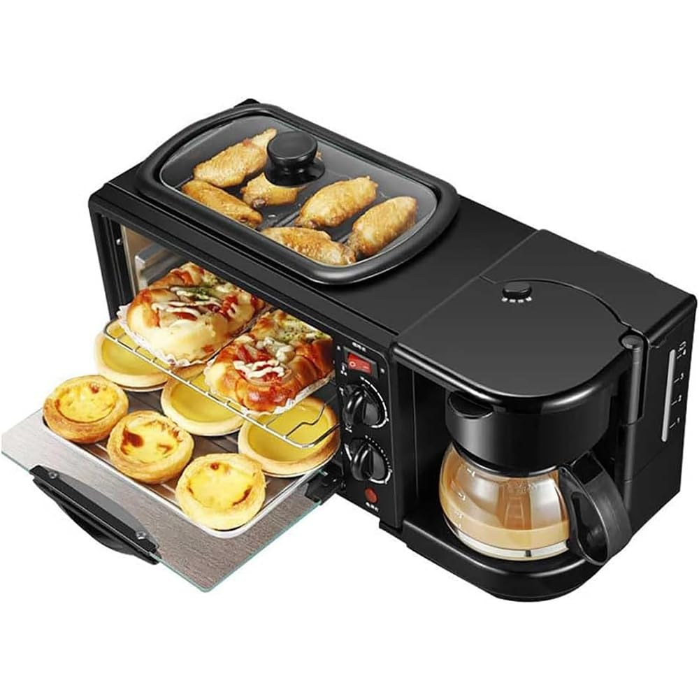 Multifunktions-Frühstückszubereiter 3-in-1, Elektrisch – Bratpfanne, Mini-Ofen & Kaffeemaschine, Antihaft, 30-Minuten-Timer, 100–230°C, Ideal für Kuchen, Sandwiches, Steaks & Frühstück
