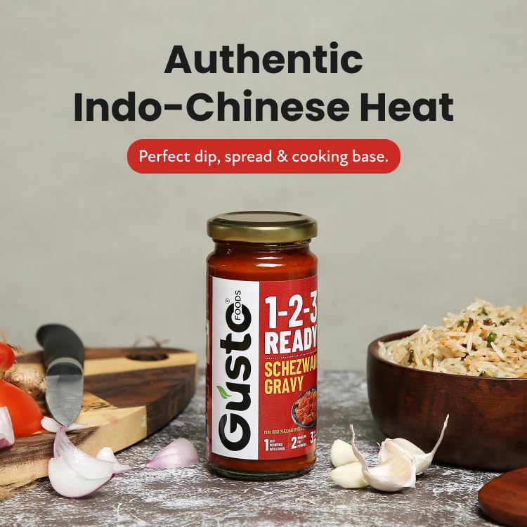 Image of Gusto Foods Combo Pack: Truffle Hot Sauce 120gm + Mango Chilli Sauce 240gm + Ready to Cook Schezwan Gravy 250gm | Spicy Pepper Blend Infused Truffle, Sweet & Sour Mango Chutney, and Easy Indo-Chinese Gravy | Perfect for Cooking, Dipping & Spreading