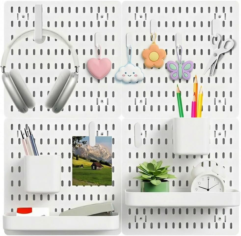 White Pegboard Combination Kit, Wall Organizer Pegboard, Modular Hanging, Peg Boards and Accessories Modular Hanging, Garage Storage Tool Organizer for Craft Room, Kitchen, Workshop, Office, 24x24inch
