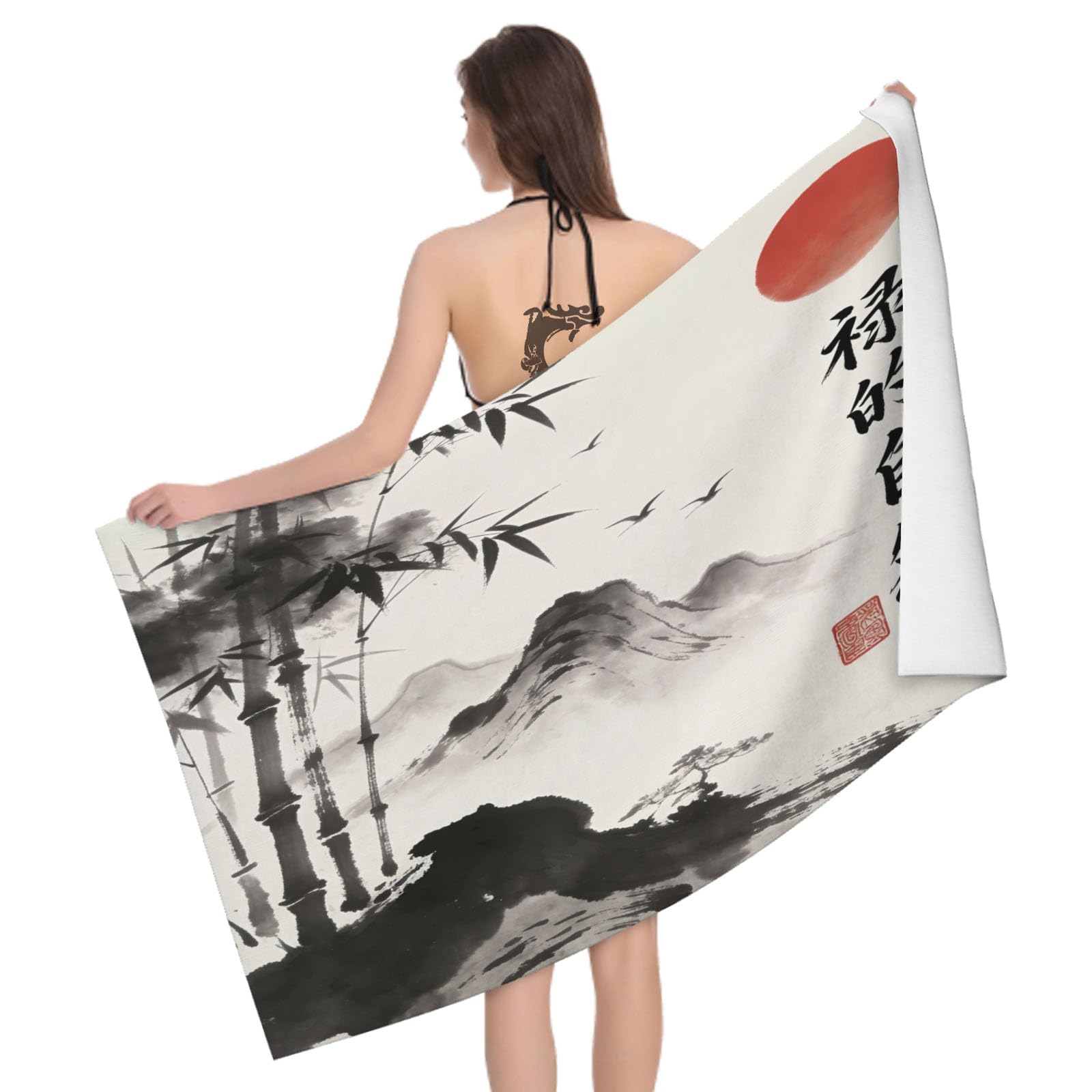 Leichong 3D Ink Wash Bamboo Beach Towel Large Microfiber Soft Quick Dry for Adults, Oriental Aesthetics Bath Towel Lightweight Soft Absorbent for Travel Swimming Pool Sports, 80 x 160 cm