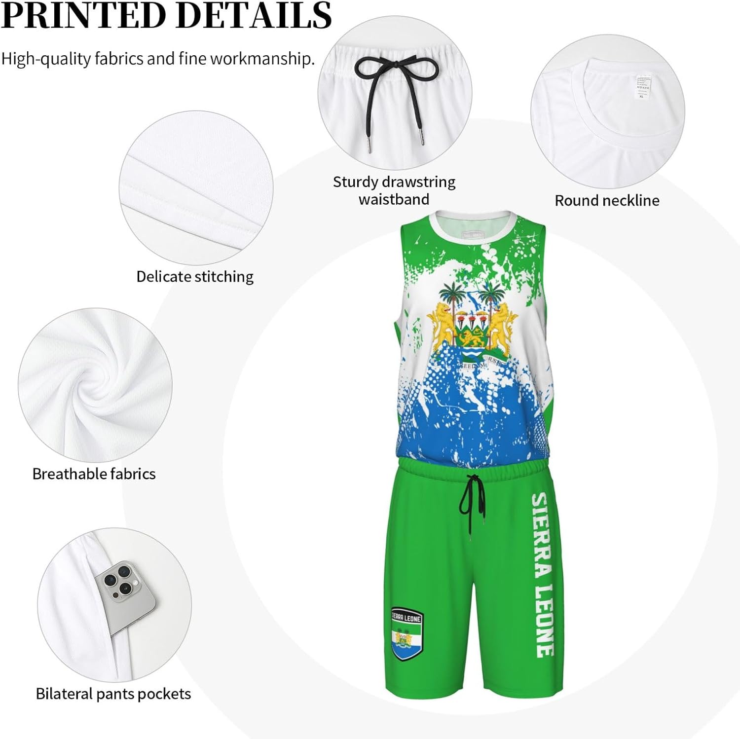 Sierra Leone Flag Grain (1) Basketball Jersey Uniform Suit for Men Adults Training Athletic Set