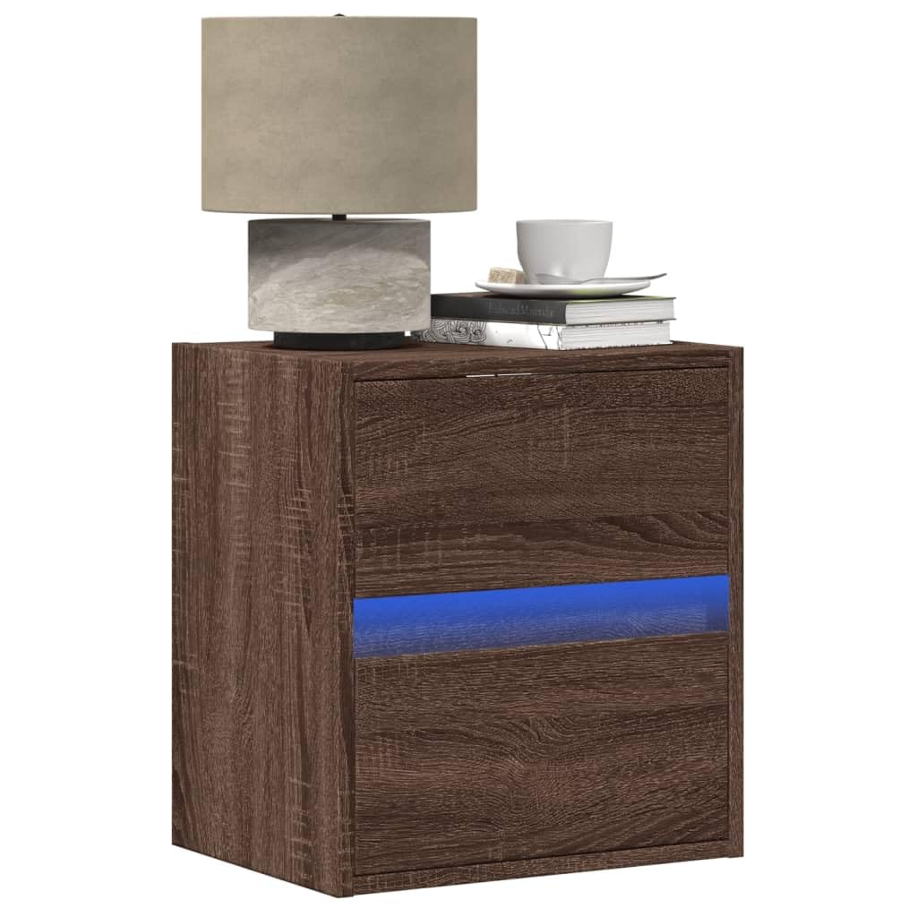 Wandmontierter Nachttisch mit RGB LED Beleuchtung, 2 Schubladen Stauraum, Holzwerkstoff Nachttisch für Schlafzimmer, Wandbefestigung Möbelstück mit USB Anschluss