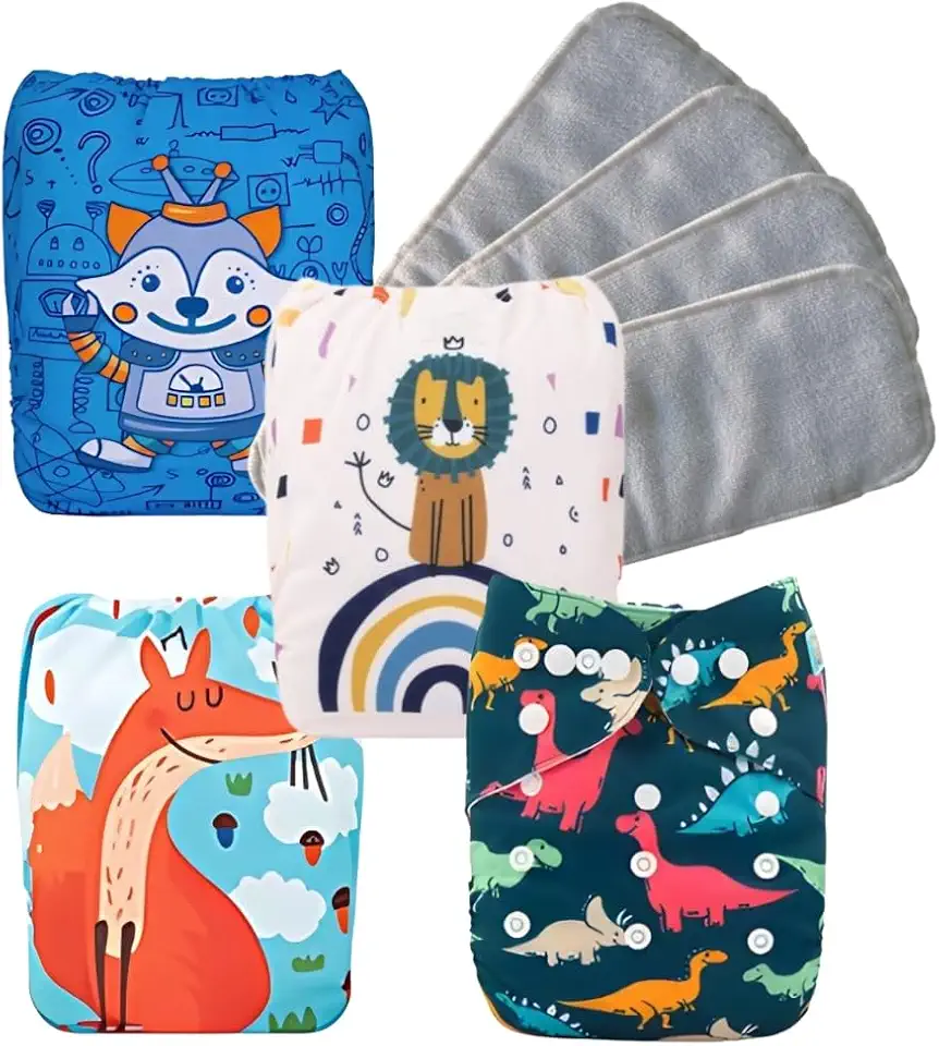 Kit 4 Fralda Ecológica Reutilizável Ajustável para Bebê – Lavável, Sustentável, Alta Absorção Menino + 4 Absorventes em Microfibra