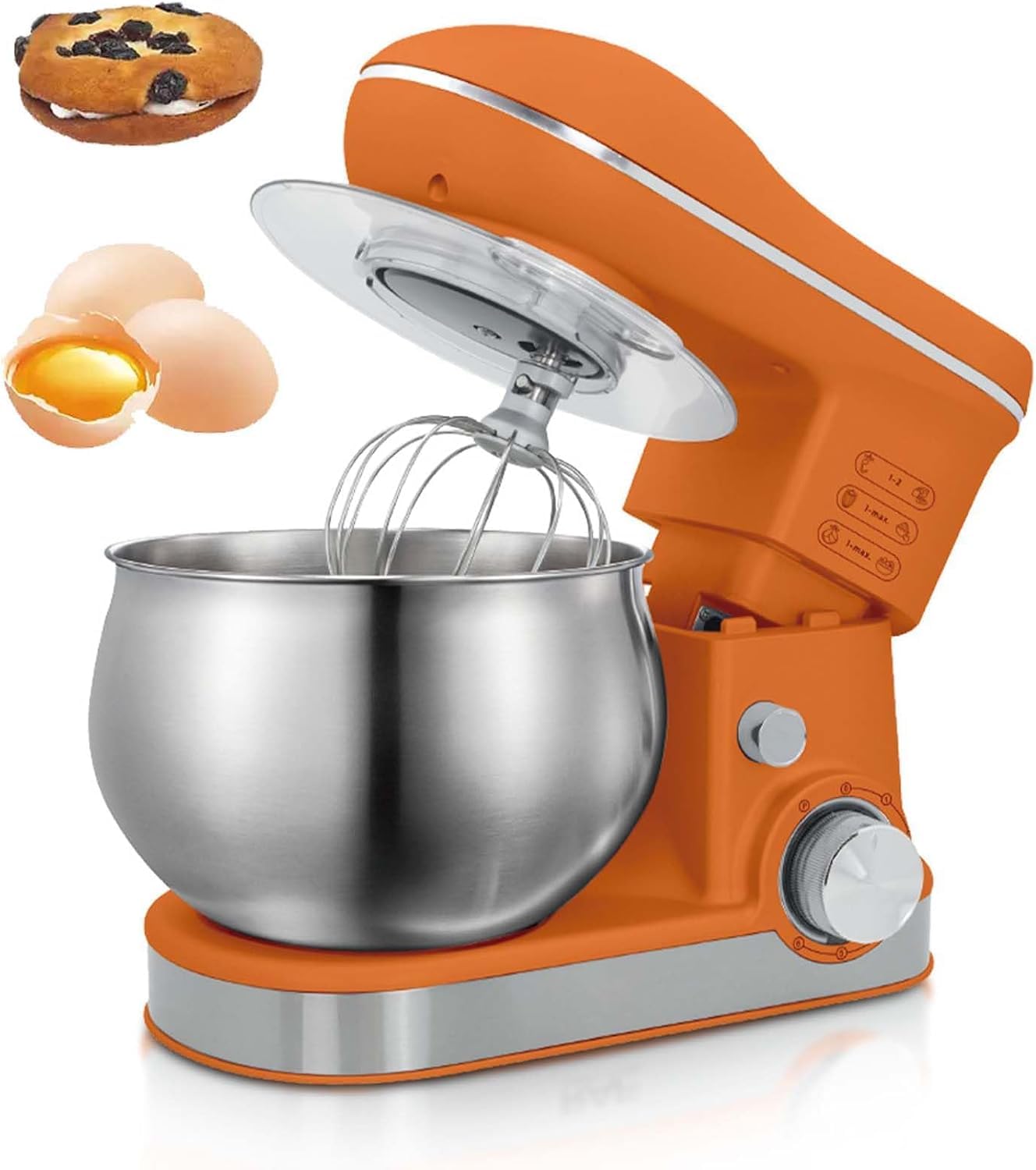 Eiwitany Electric Stand Mixer with Stainless Steel Bowl & Splash Guard – Perfect for Kneading, Whipping, Cake Batter, Cookies, and Bread (Orange)
