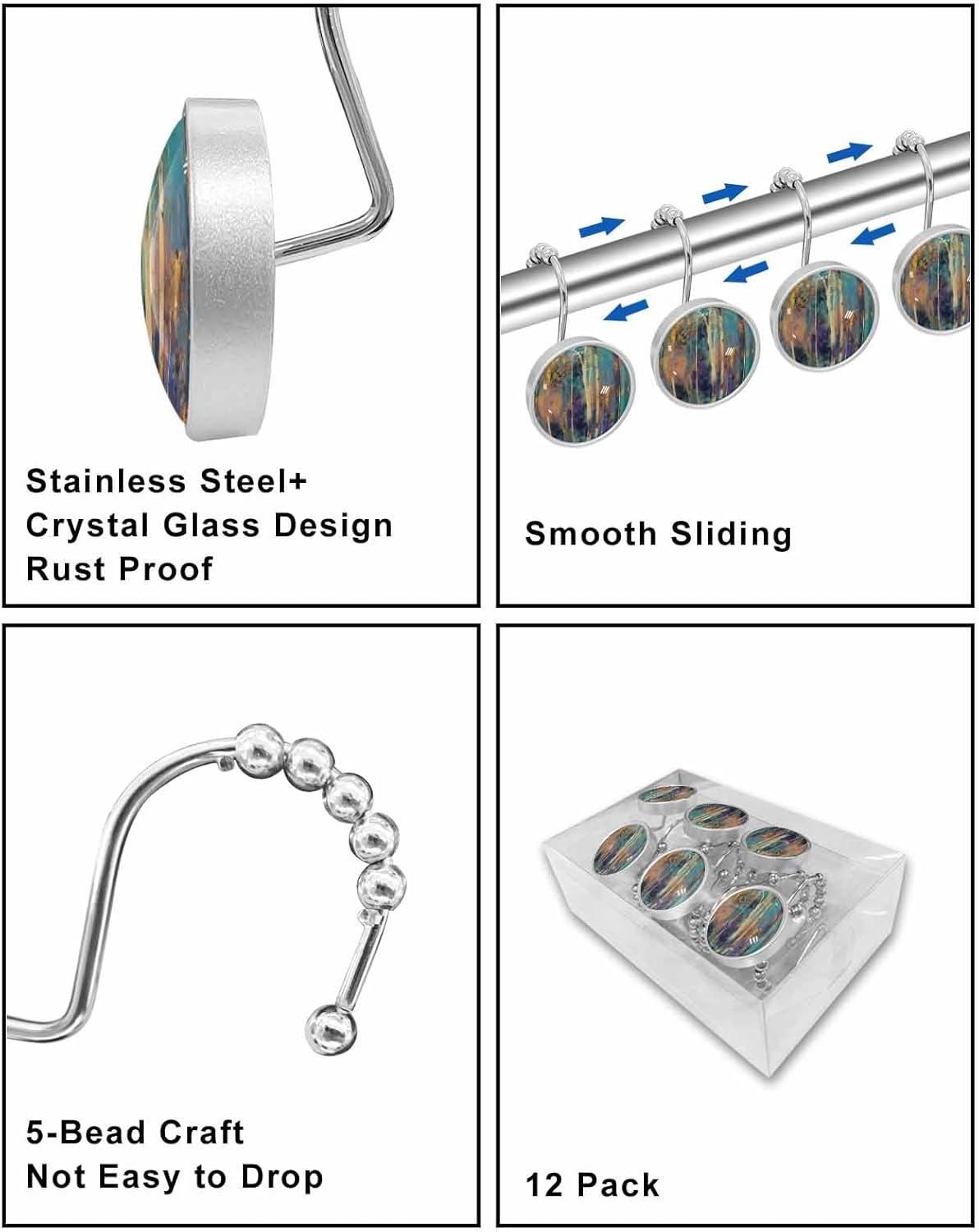 Shower Curtain Hooks 12 Pcs, Abstract Plant Trees Forest Oil Painting Stainless Steel Rust Proof Rolling Shower Curtain Rings, Decorative Shower Curtain Hooks Hangers for Bathroom