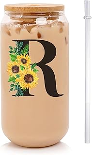 Initial Glass Cups Sunflower with Bamboo Lids and Straws,16oz Iced Coffee Mug Tumbler,Monogrammed Birthday Gifts Mother's Day Sunflower Gifts for Women,Mom,Friend,Sister