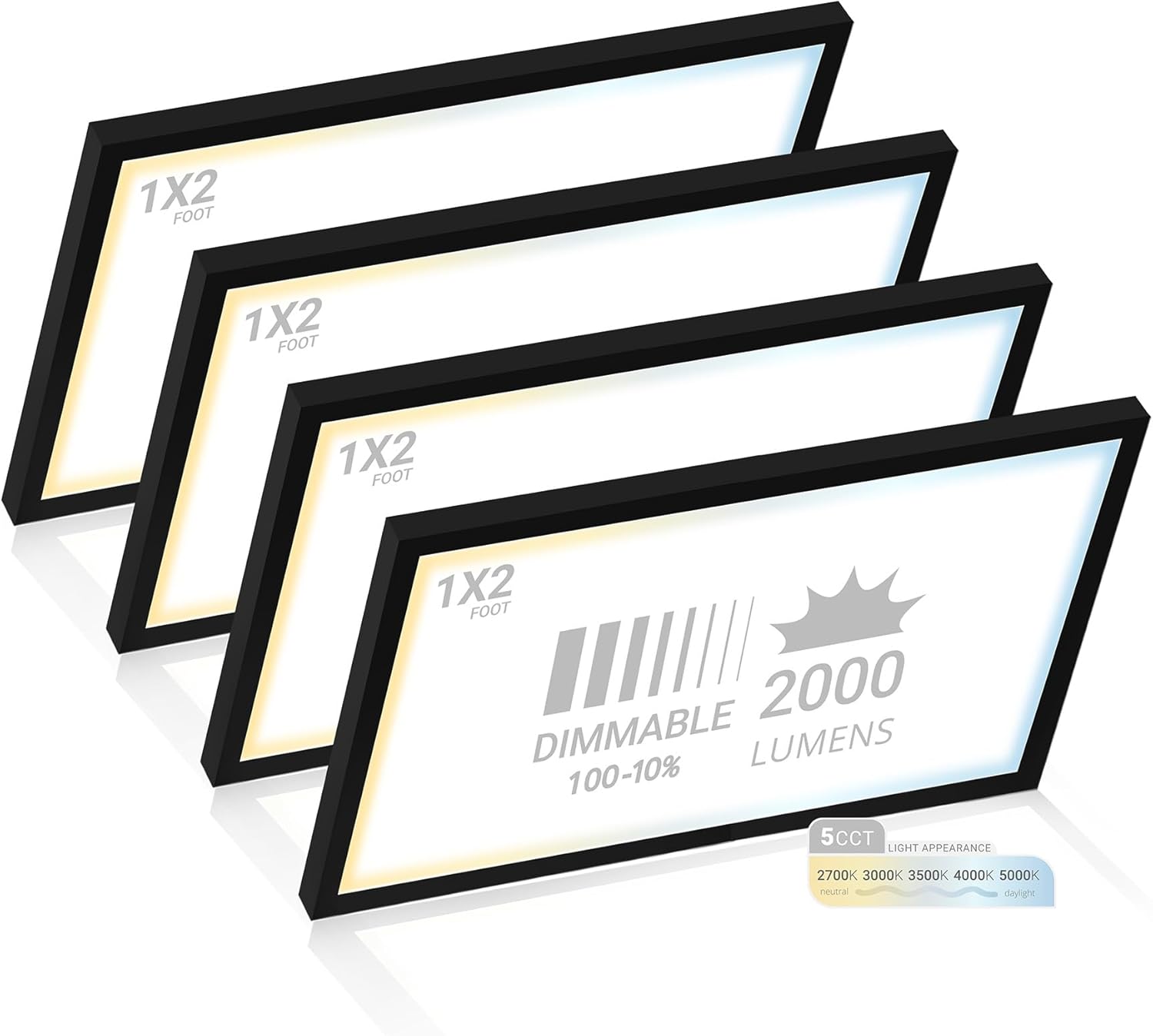 NUWATT 4 Pack, 1x2 Flat Panel LED Light, 5CCT 2700K/3000K/3500K/4000K/5000K Selectable, 2000LM 22W, Internal Driver, Dimmable, 120V, CRI90, 1x2 FT Surface Mount Ceiling Light, 1 Inch Thick, Black Trim