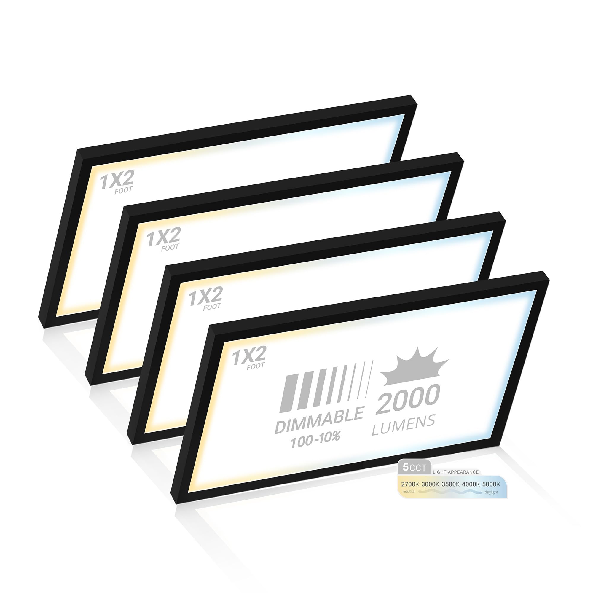 NUWATT 4 Pack, 1x2 Flat Panel LED Light, 5CCT 2700K/3000K/3500K/4000K/5000K Selectable, 2000LM 22W, Internal Driver, Dimmable, 120V, CRI90, 1x2 FT