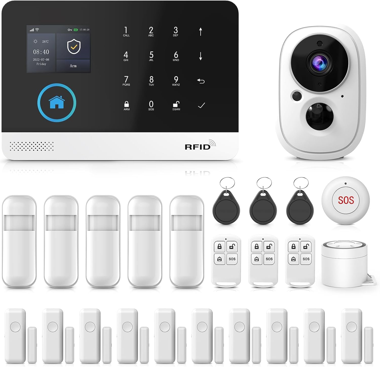 PGST Alarma para el hogar sin cables DIY 25 piezas - Alarma para el hogar 4G/WiFi/GSM con cámara y pantalla LCD de 2,4 Pulgadas, 10 Sensores de puerta/ventana + 5 Detectores de movimiento, Alarma 120