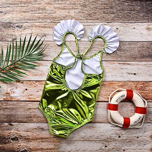 Newborn Baby Girls Onepiece Glitter Solid Swimsuit Backless Halter Ruffles Beachwear Bathing Suit (Light Green, 12-18 Months) - Thumbnail 3