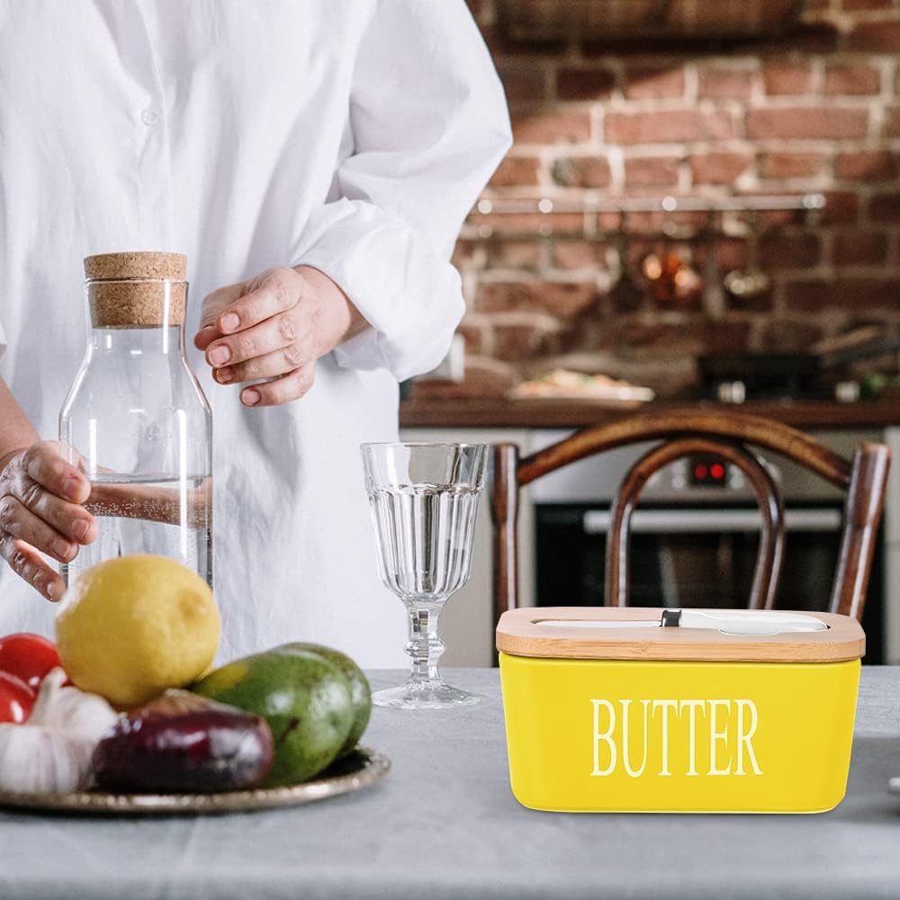 Porcelain Butter Dish, European Size Ceramic Butter Container with Wooden Lid, Butter Container with High Quality Silicone Seal, Perfect for Butter, Nuts, Cheese, 650ml (Yellow) - Image 4