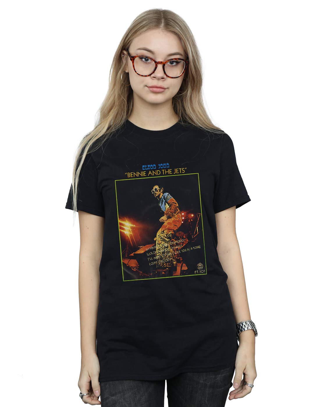 Absolute Cult Women's Black Elton John Bennie And The Jets Boyfriend Fit T-Shirt Small
