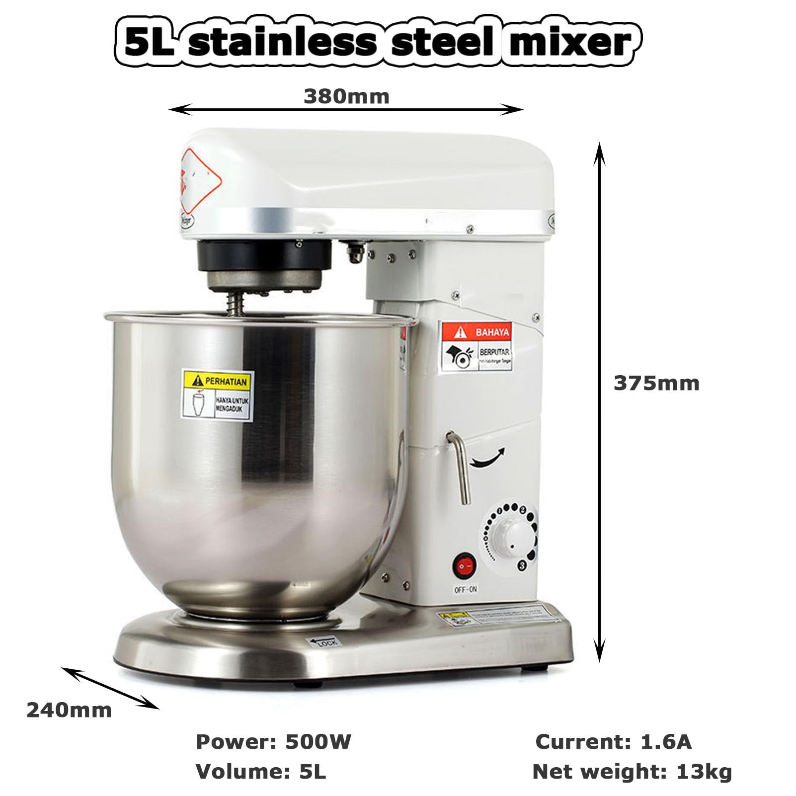 Food Stand Mixer Dough Blender, Electric Cake Mixer with Bowl, Beater, Hook, Whisk, Commercial Food Mixer, Kitchen Multi-Function (White 5L)
