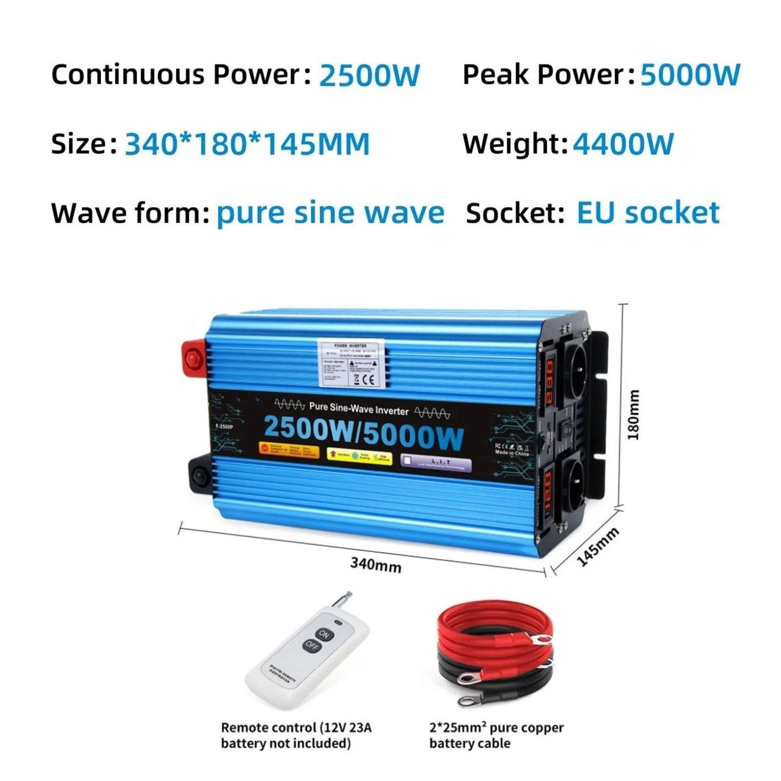 Convertidor Inversor Transformador Inversor Solar De Onda Sinusoidal Pura 5 KW/6 KW/7 KW/8 KW Convertidor Voltaje 12 V/24 V A 220 V Pantalla LED Toma USB Dual(DC12V,5000W EU)