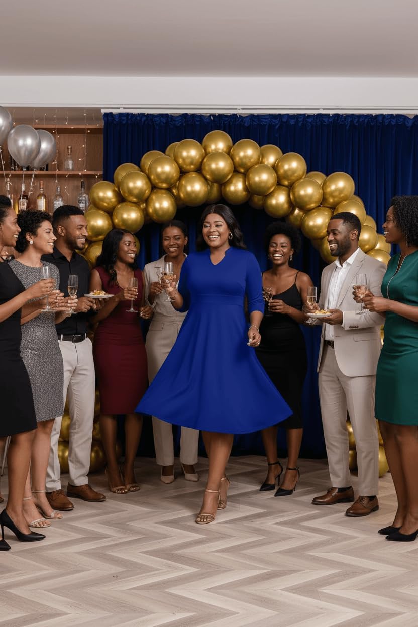 Nmoder Plus Size Dresses for Women - Casual 3/4 Sleeve V Neck Church Midi Dress Wedding Guest Cocktail with Pocket - Image 4