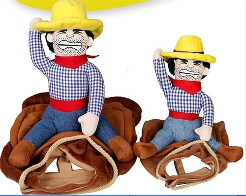 Miniatura 6 de Disfraz de vaquero de lujo para mascotas, divertido disfraz de Halloween para perro con muñeca y sombrero, disfraz de caballero ajustable para