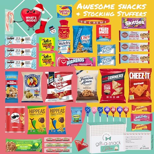 Image of Gift A Snack - Christmas Candy Stocking Stuffers, Pre-filled Holiday Snack Box Care Package + Greeting Card (45 Count) Sweet Treats Gift Basket, Candies Chips Office Food Assortments