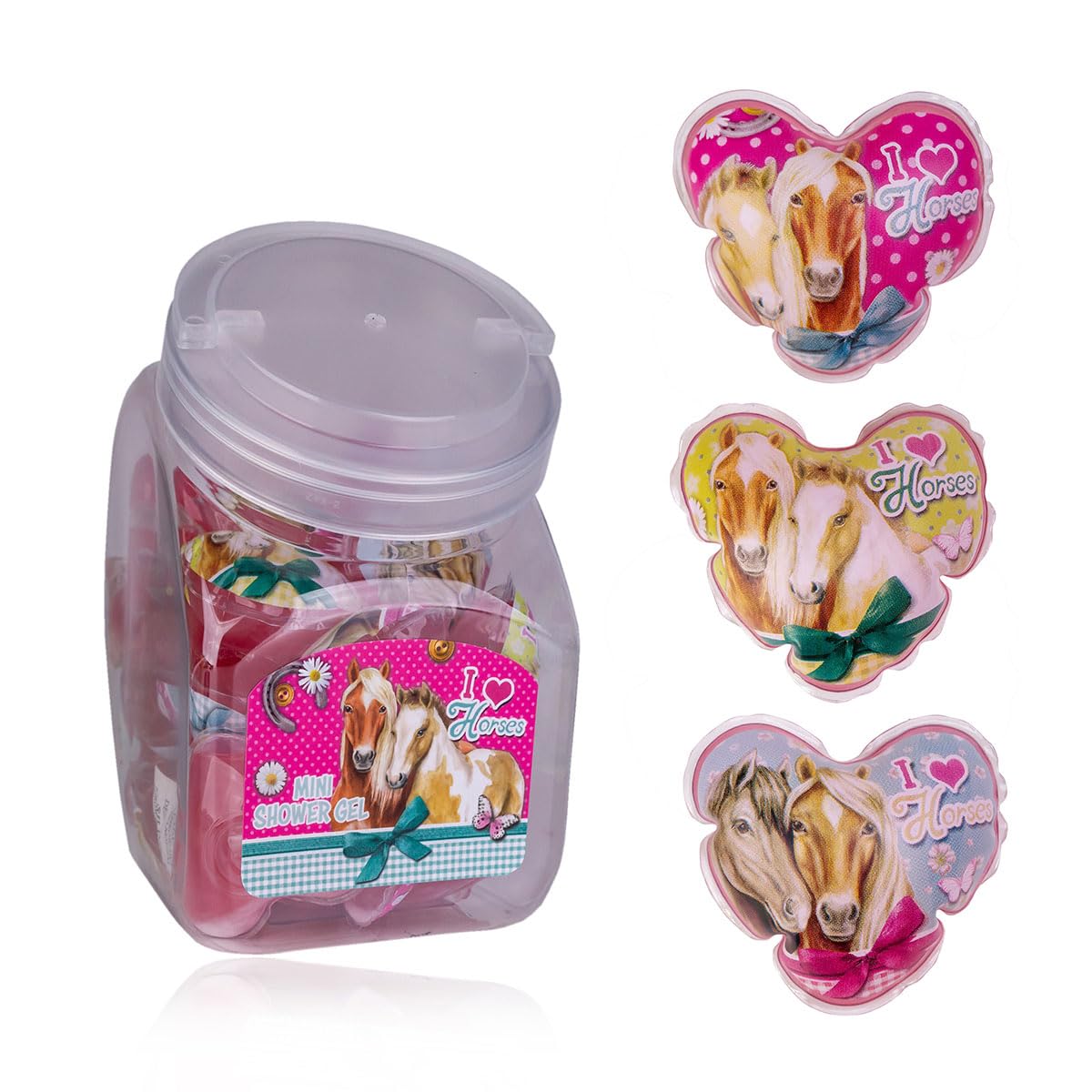 accentra Mini-Duschgel I LOVE HORSES – Großpackung Gastgeschenk für Kindergeburtstag, Tombolapreis oder Adventskalender Füllung – Bonbonglas mit 24 x 50 ml Pferde & Pony
