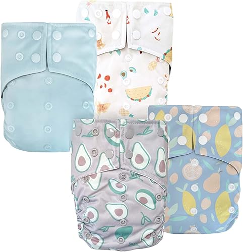 LA PETITE OURSE 4 pañales impresos de tela a presión de tamaño único con 8 inserciones de bambú de 4 capas + 1 bolsa húmeda gratis, para bebés que