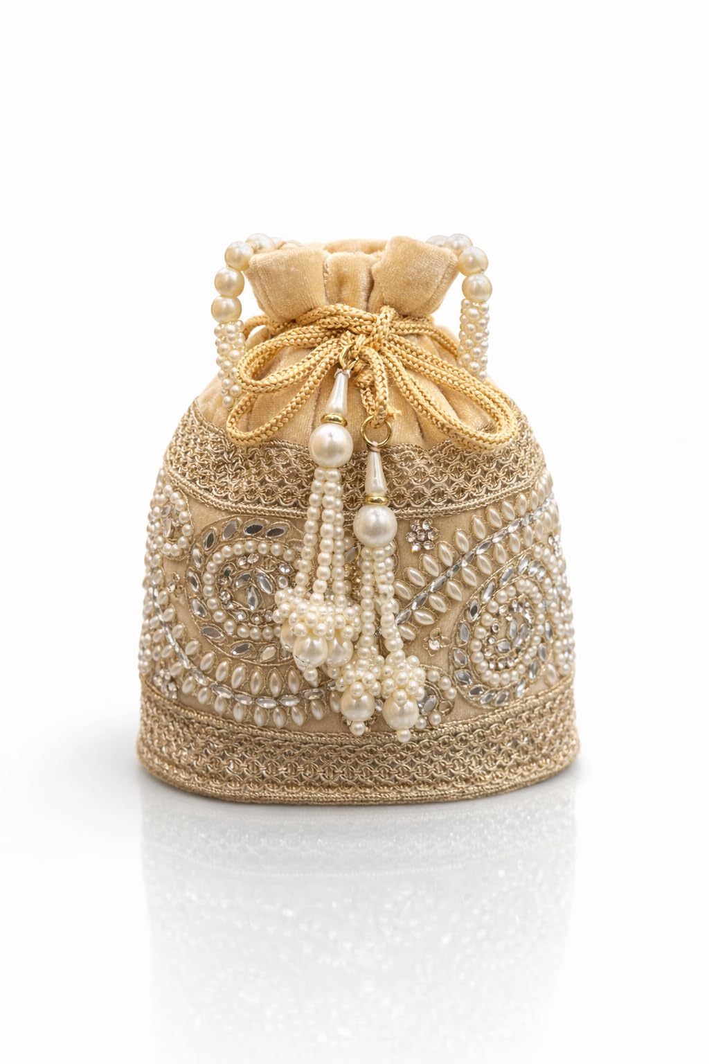 De Elmore Luxury Velvet Potli Bag for Women - Handcrafted Pearl & Zari Embroidered Bridal Pouch with Drawstring & Tassels - Ethnic Wedding Evening Clutch