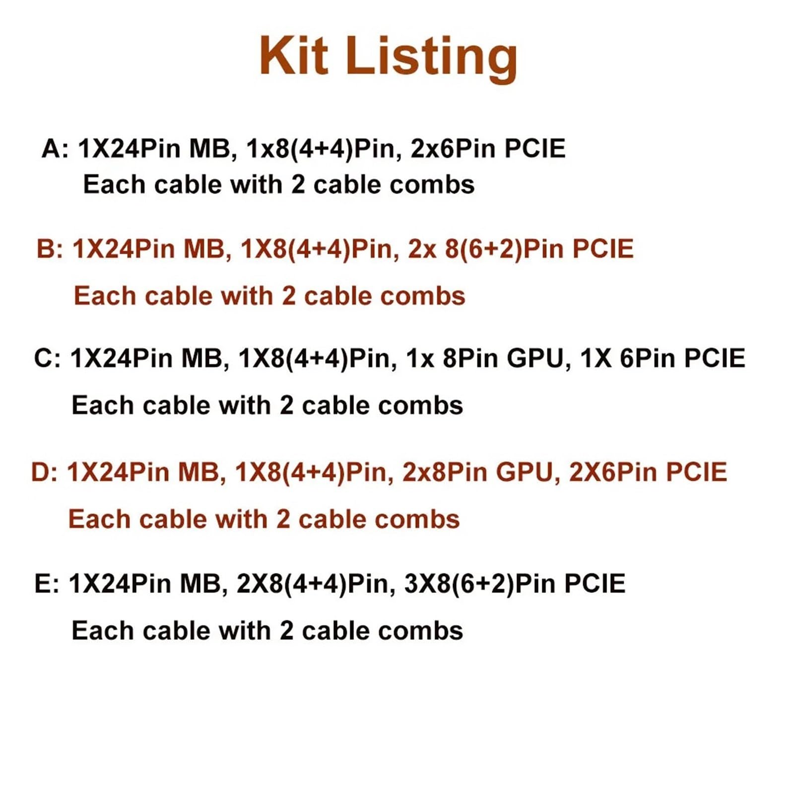 Black PSU Extension Power Cable Kit, 24Pin MB, 4+4/8Pin CPU, PCIE 6+2P, 6Pin GPU Computer PSU Extension Cable Kits(Kit E)