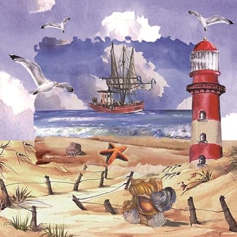 20 Napkins Beach Scene / Shells / Lighthouse / Ship / Sea / Lake / 33 cm x 33 cm Cover