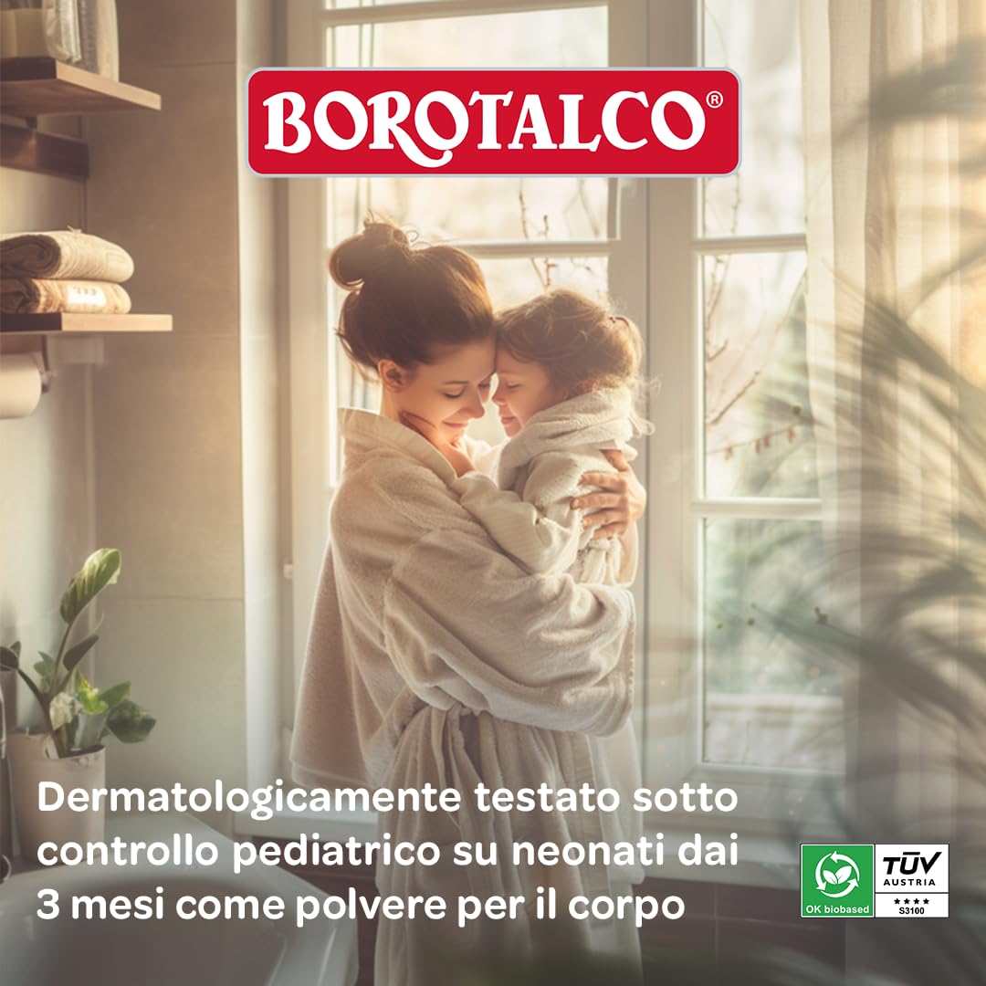 Borotalco, Polvere con Talco Vegetale, Azione Rinfrescante e Assorbente, per Pelli Sensibili, Formula 100% Vegetale, Profumo di Borotalco, Dermatologicamente Testato, Barattolo 70 g