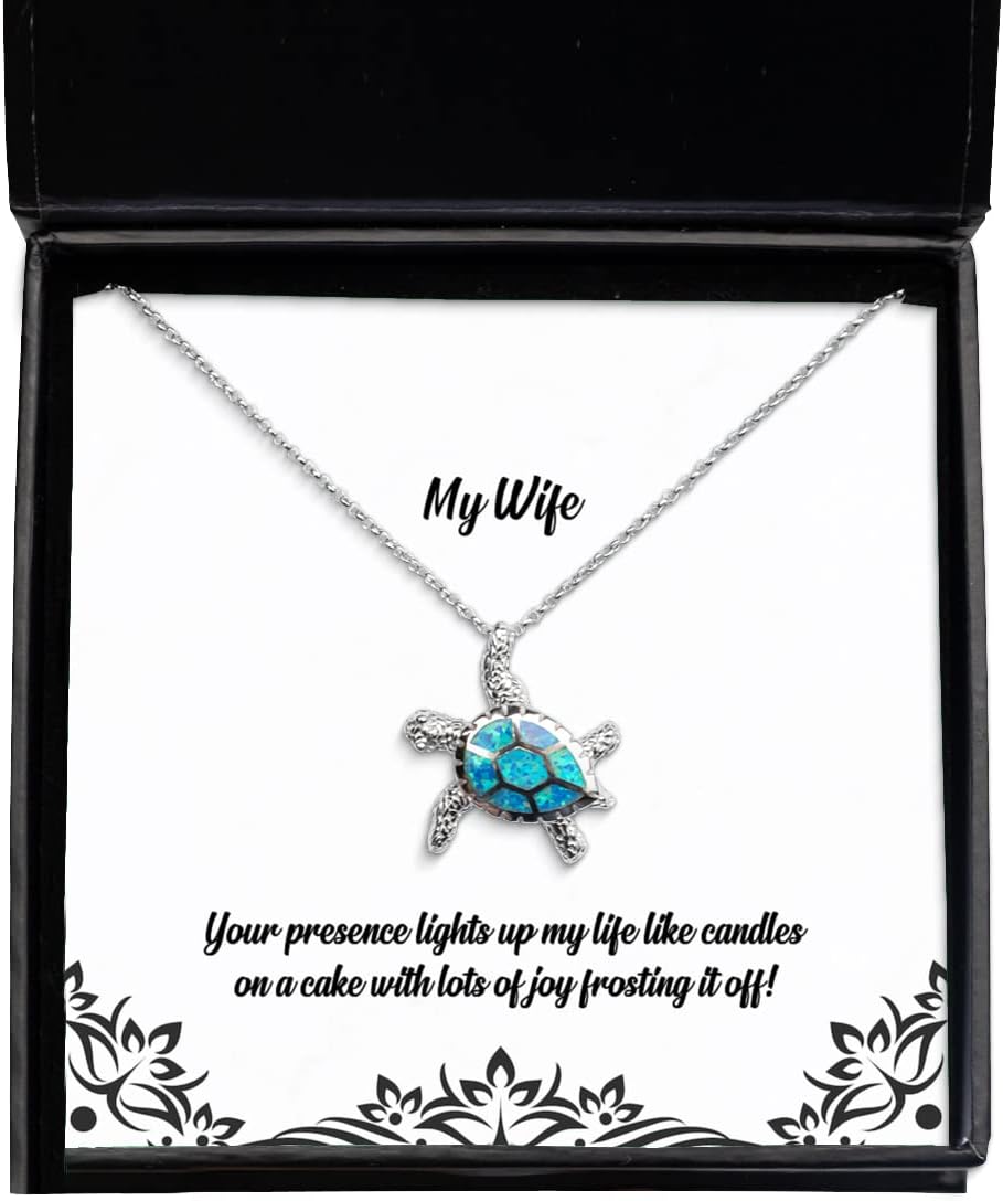 Useful Wife, Your Presence Lights up My Life Like Candles on a Cake with Lots of Joy!, Christmas Opal Turtle Necklace for Wife
