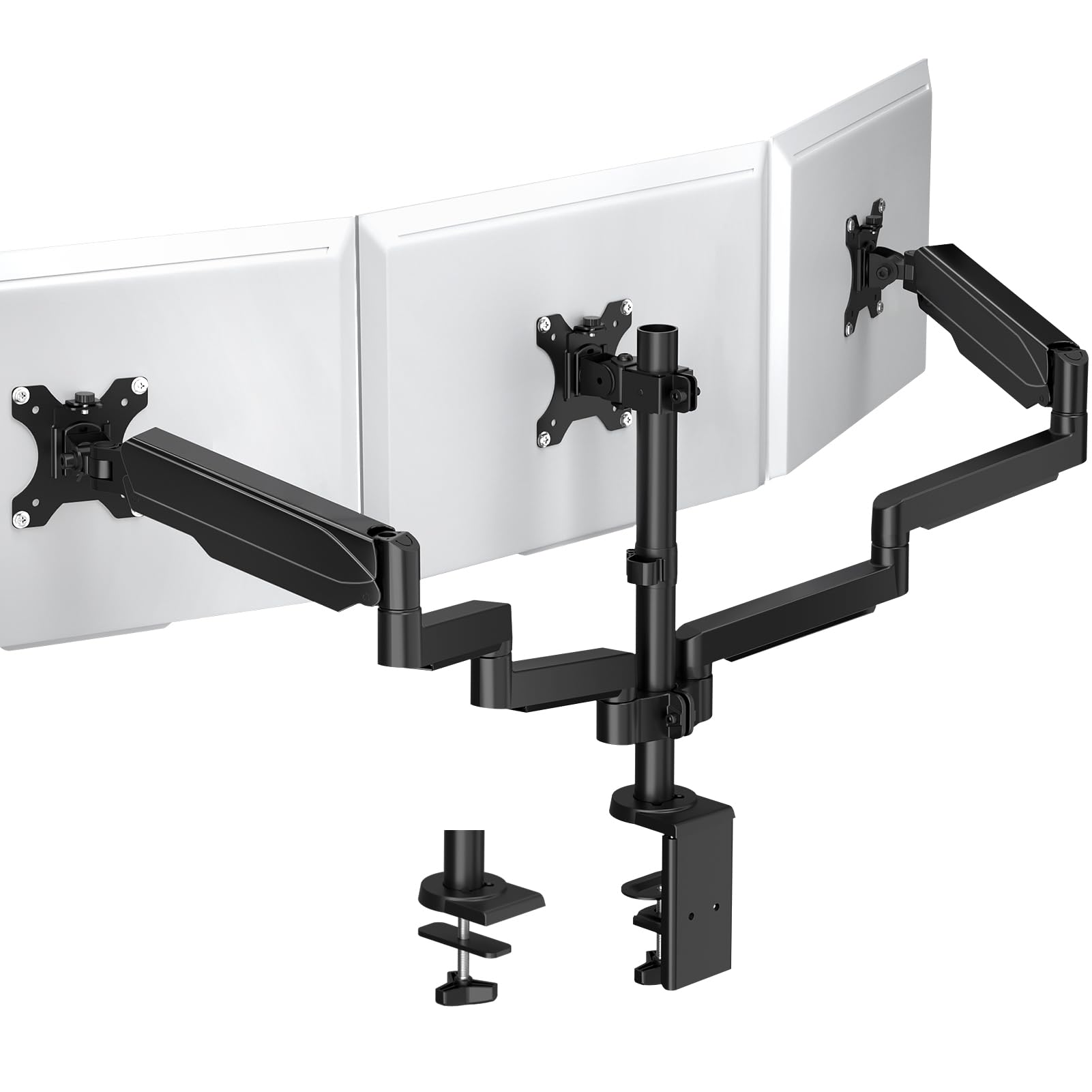 Triple Monitor Stand - Adjustable Gas Spring Mount for 3 Monitors up to 27" (Max 8kg), VESA 75x75 and 100x100mm, Mounting by C-Clamp and Eye Mount